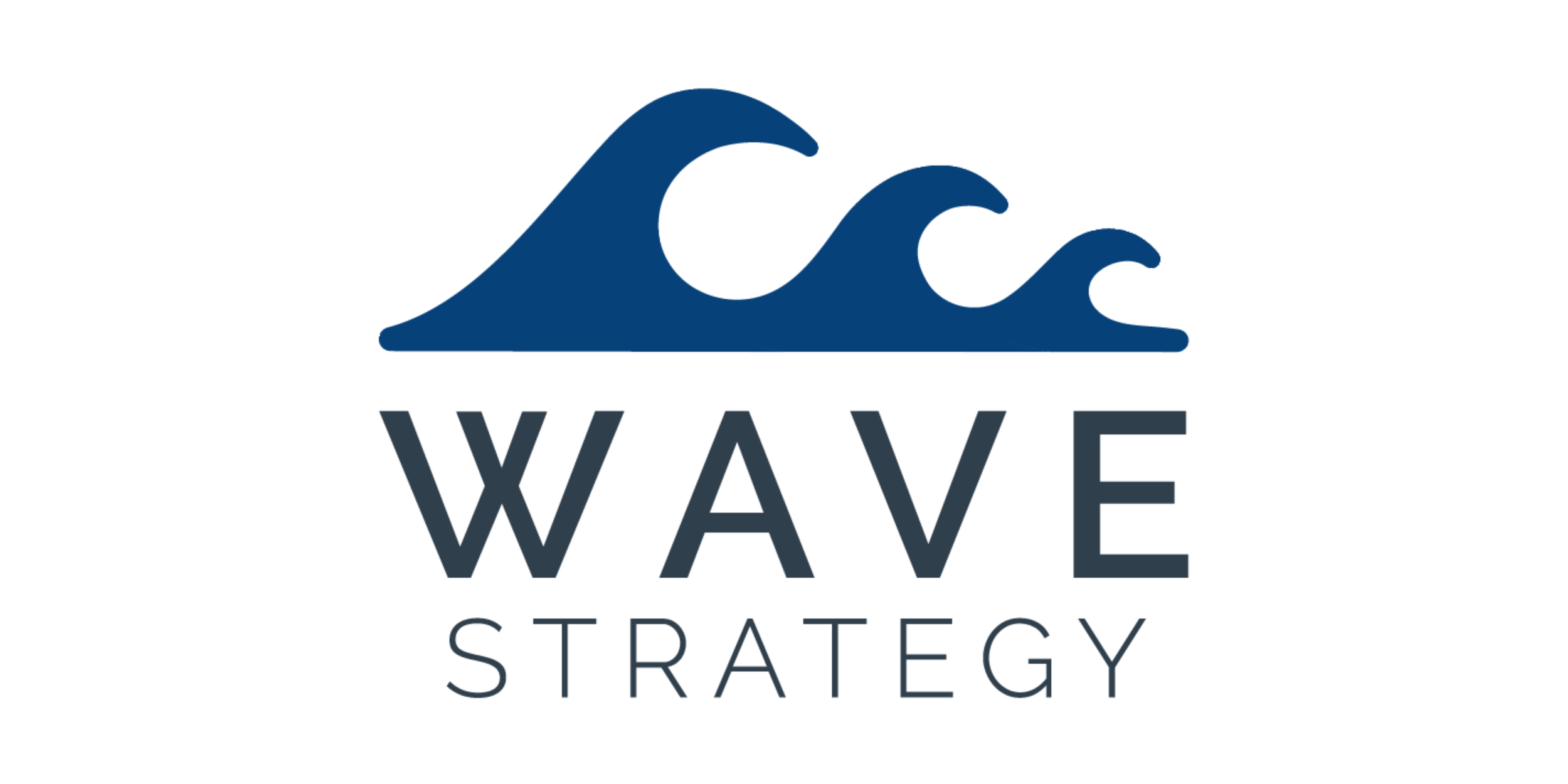 A logo featuring stylized three dark blue waves above the words "Wave Strategy" in navy and gray text.
