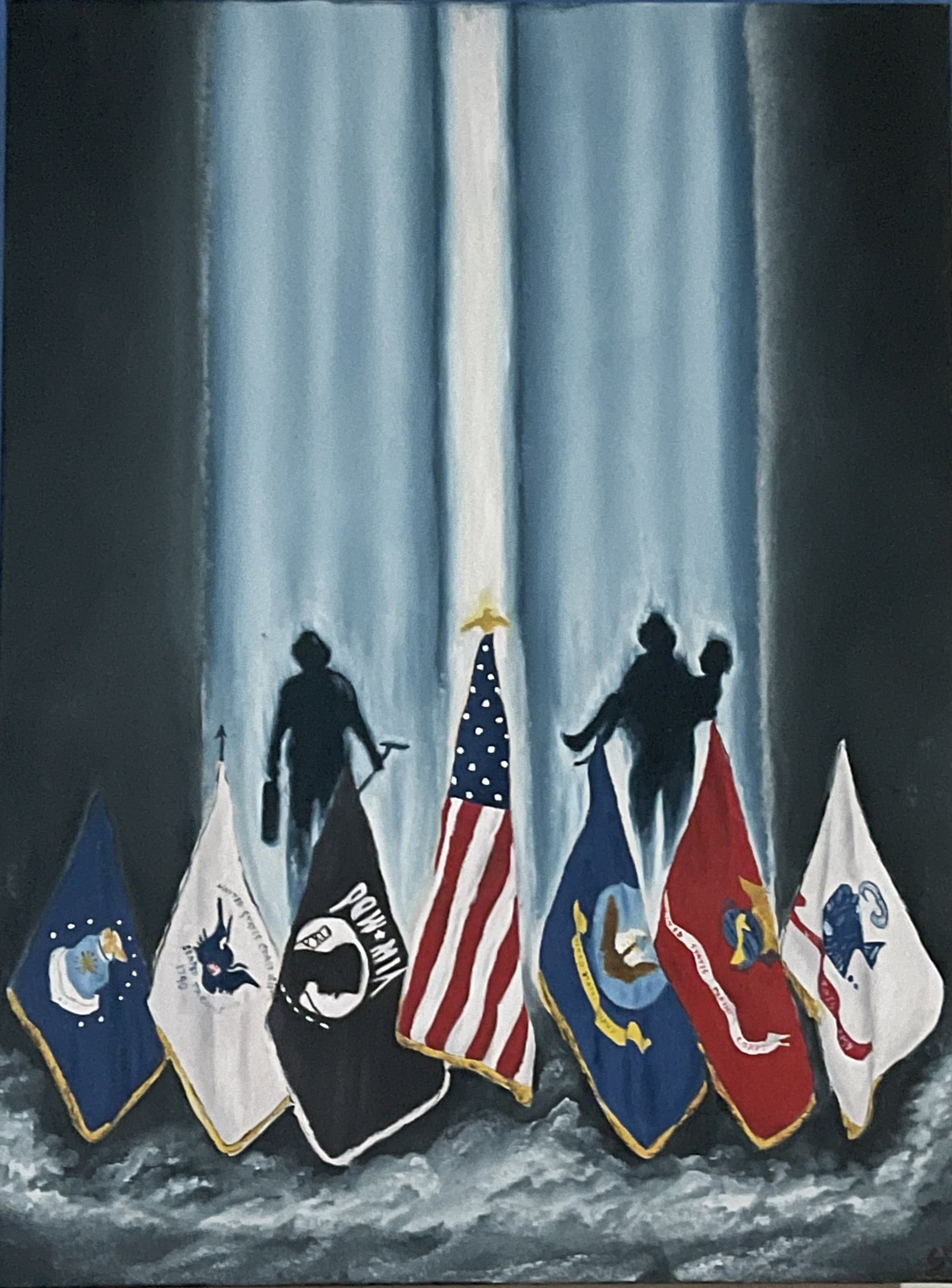 Painting depicting three silhouetted figures holding flags in front of a blue curtain. The flags represent various branches of the U.S. military, including the Navy, Marine Corps, and Coast Guard, among others.