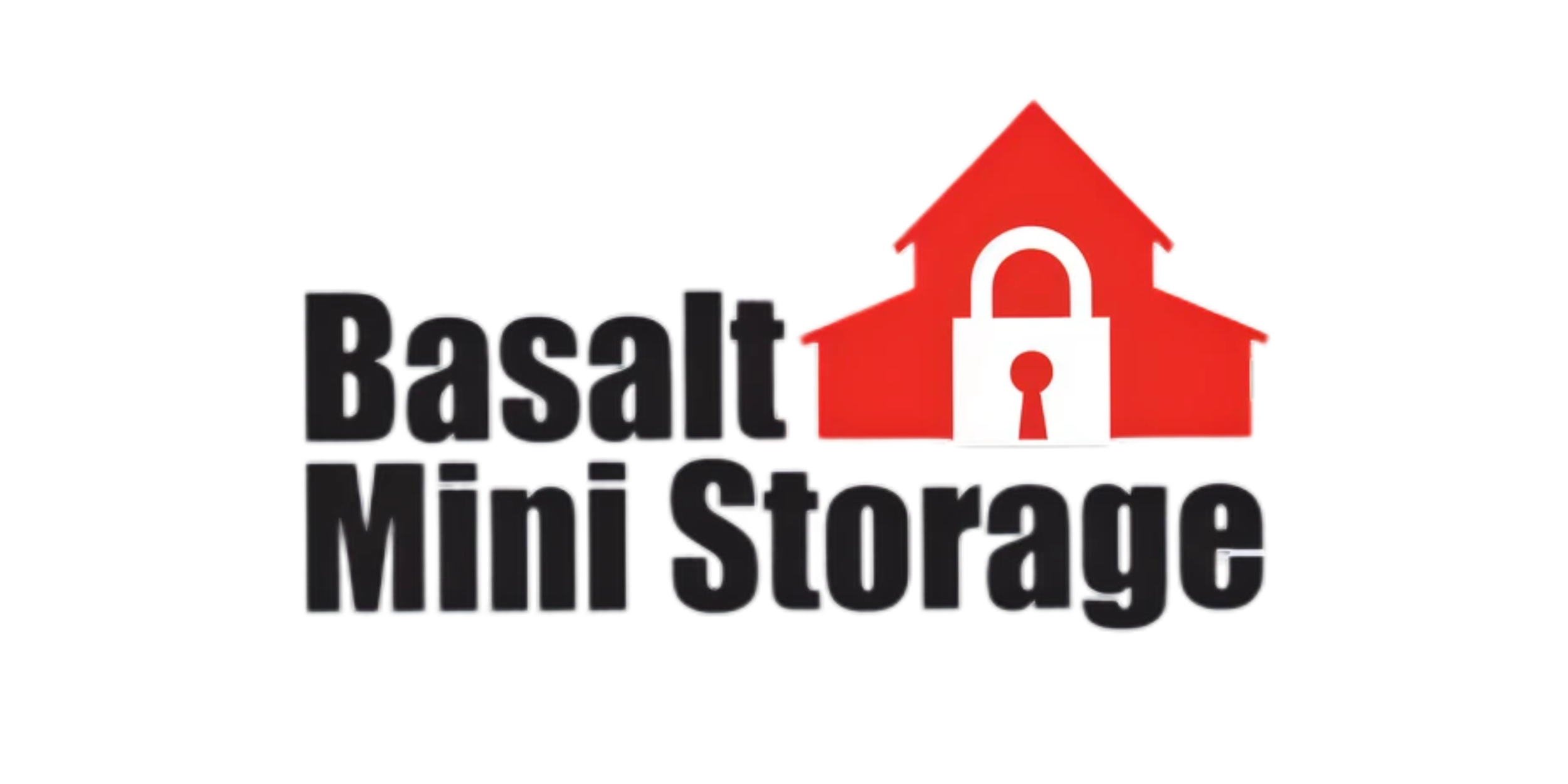 Logo for Basalt Mini Storage featuring a red house with a white lock in the center, and the text 'Basalt Mini Storage' in bold black font.