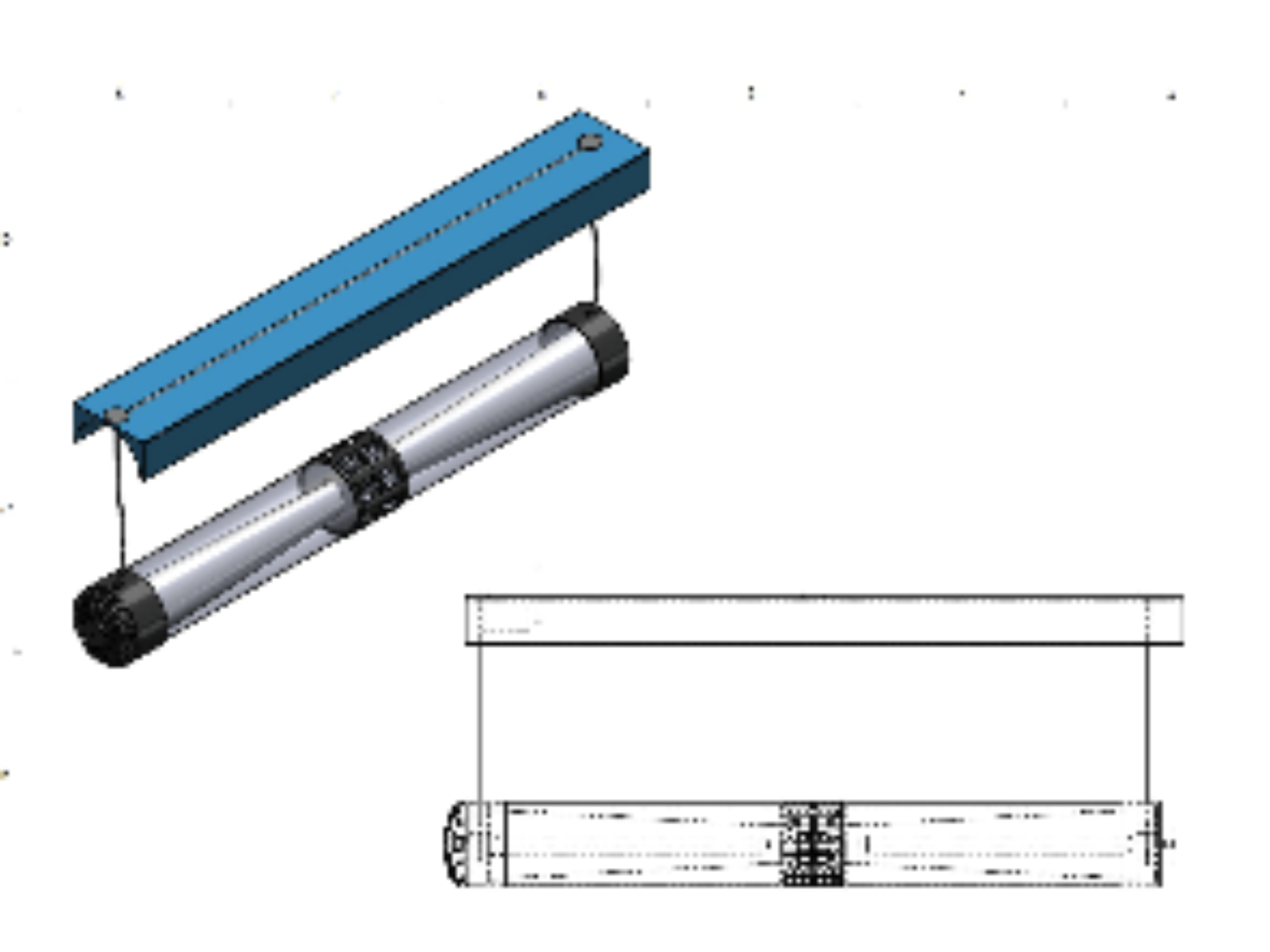 Technical drawing of a linear actuator with a cylindrical shaft, mounted on a blue structural base, and a side view showing the length of the shaft.