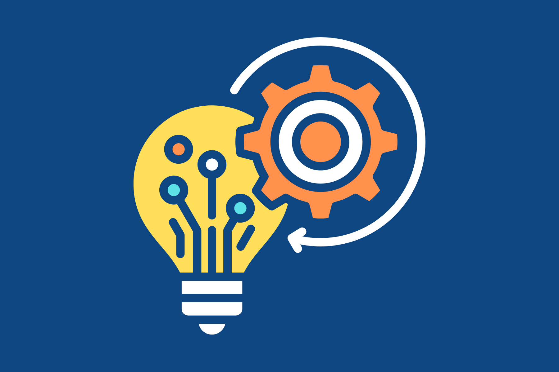 An illustration combining a yellow lightbulb with circuit lines and a gear with arrows, symbolizing innovation, technology, and engineering.