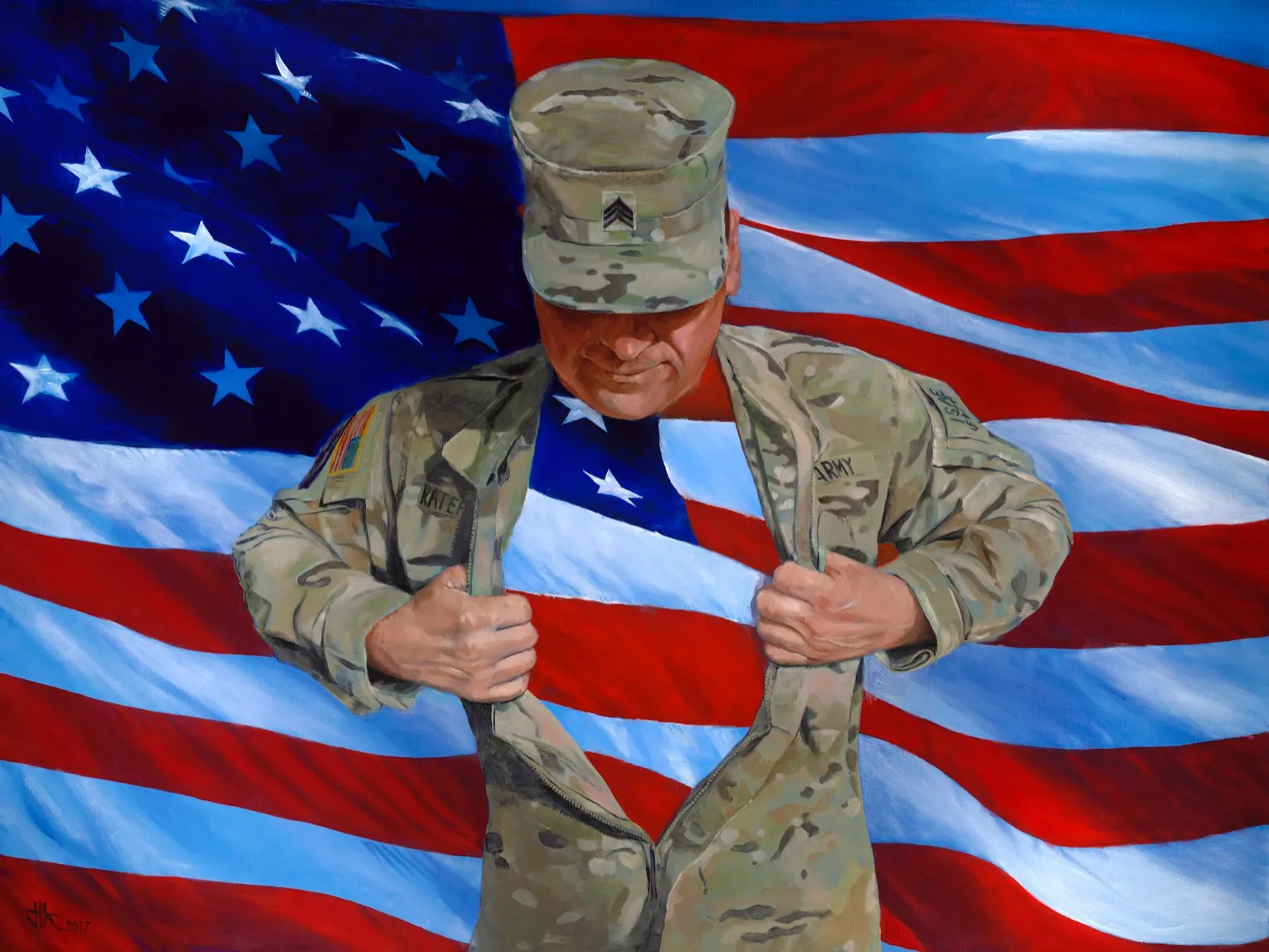 A soldier in camouflage uniform with the American flag in the background, opening his jacket with a confident expression.