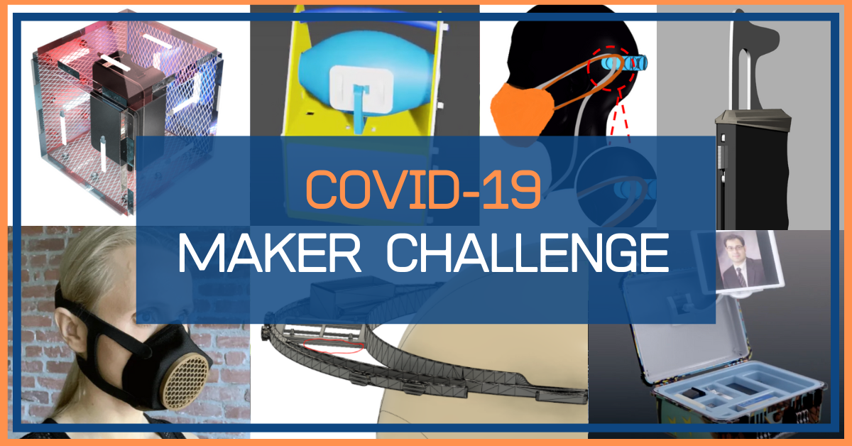A collage of images related to COVID-19 maker challenges, including 3D printers, masks, and protective equipment
