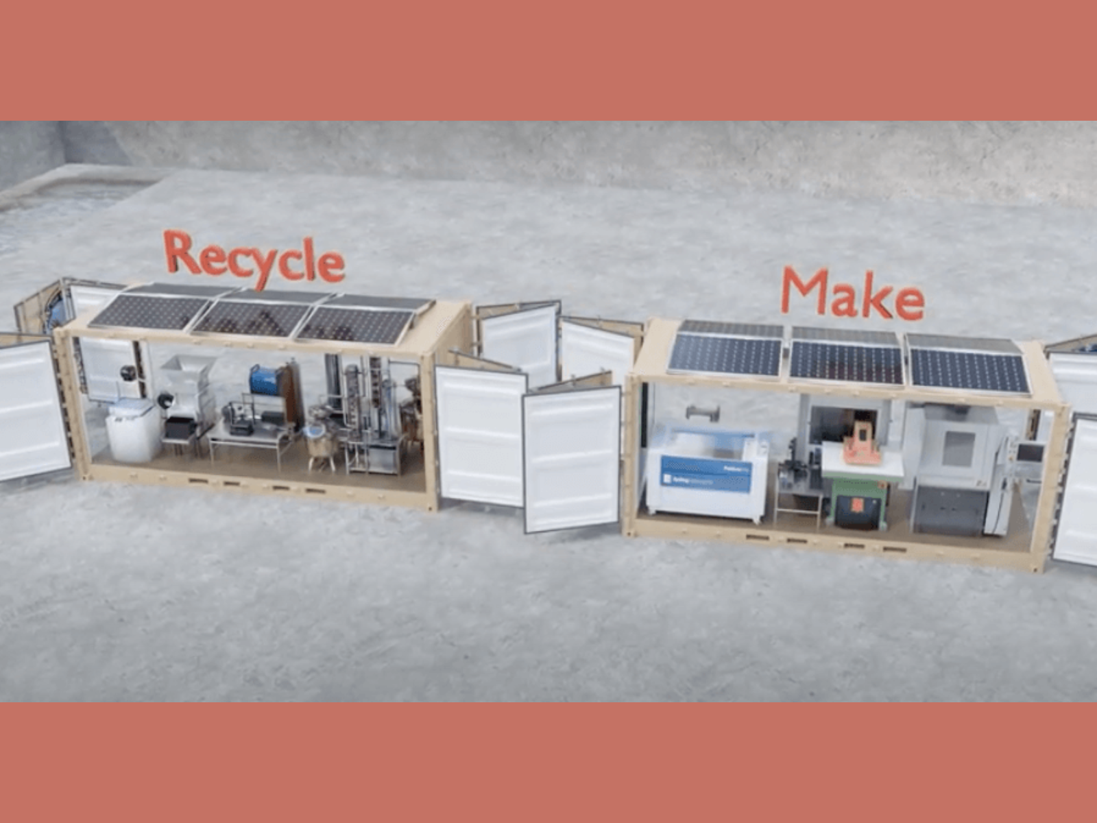 A model of a tiny house with solar panels on the roof, divided into two sections labeled "Recycle" and "Make". The "Recycle" section contains recycling equipment, and the "Make" section contains fabrication tools.