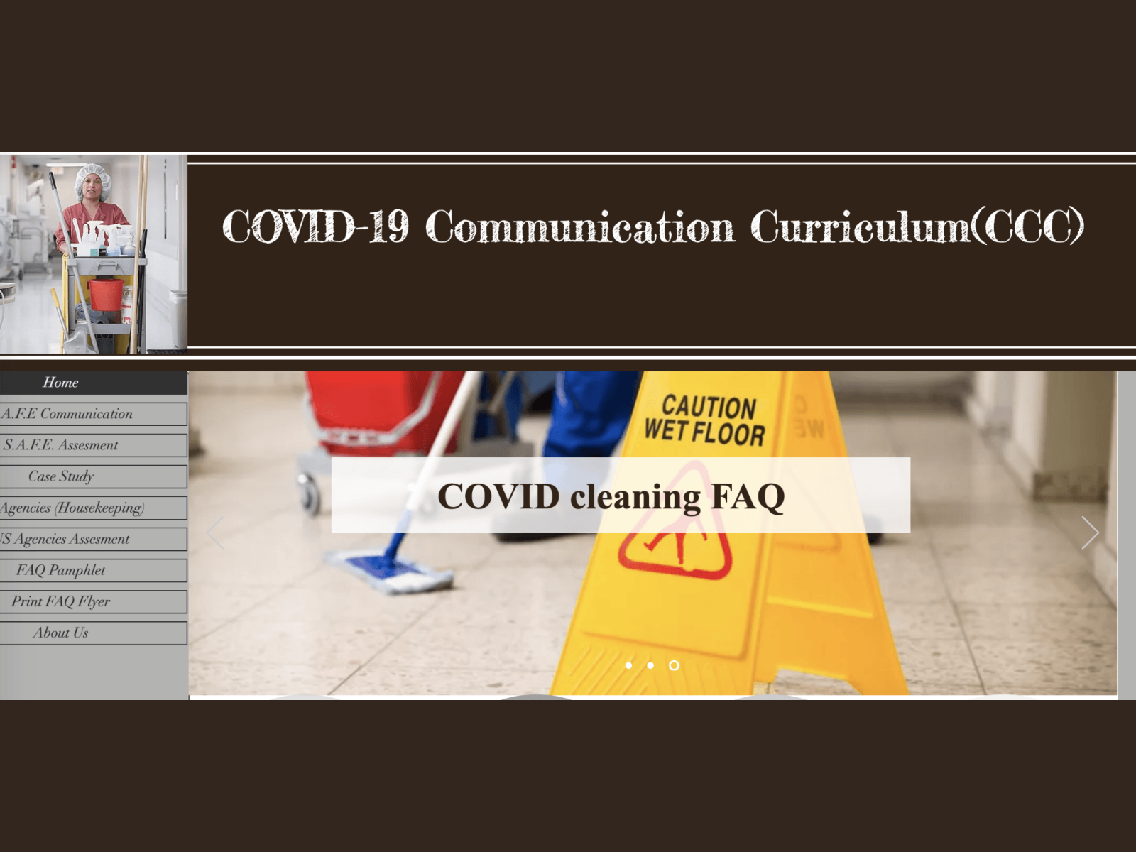 Screenshot of a website titled 'COVID-19 Communication Curriculum (CCC)' with a navigation panel on the left and a central section showing a cleaning staff member with a mop, bucket, and caution wet floor sign.