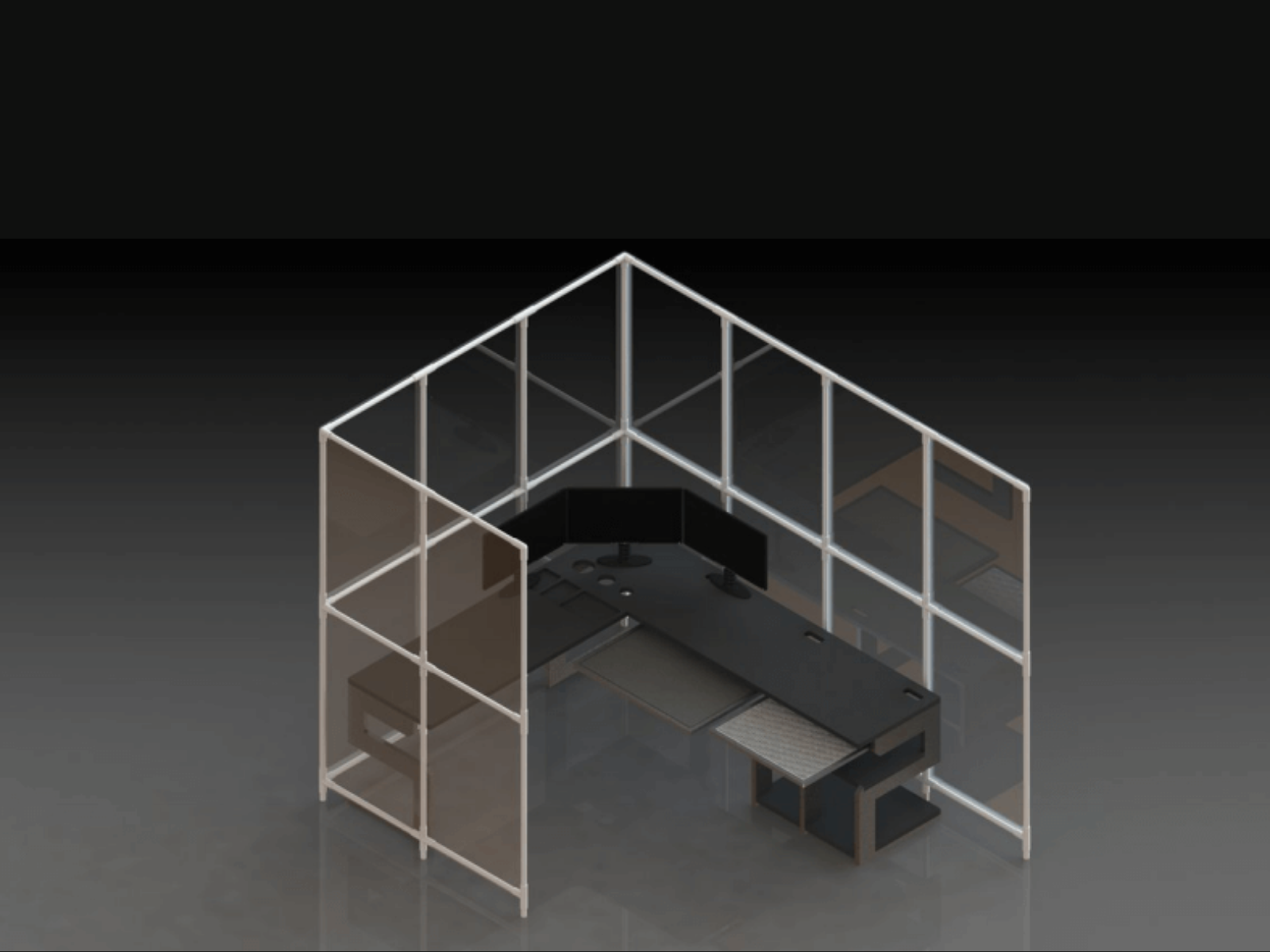 3D rendering of a modern office cubicle with transparent glass walls and a black L-shaped desk with multiple monitors and office accessories.