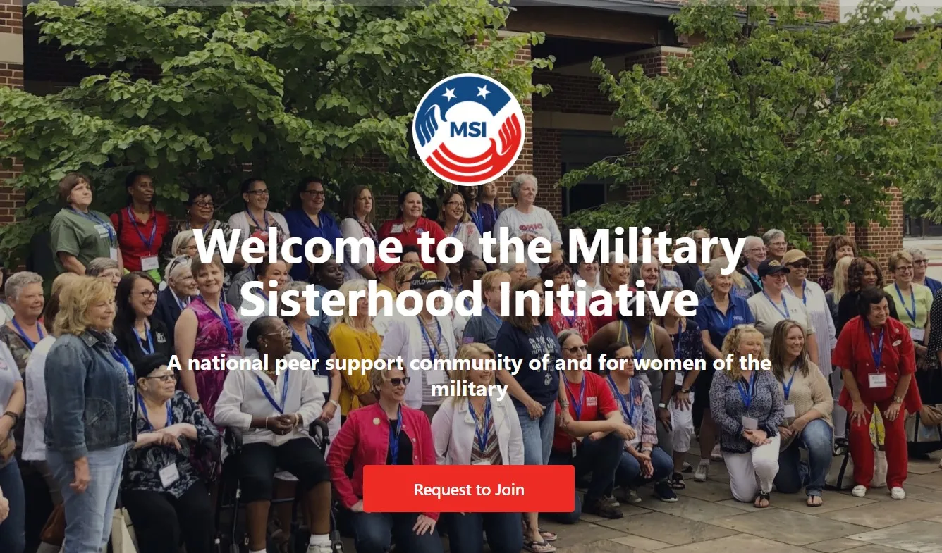 A large group of women gathered outdoors in front of a brick building and trees, participating in a military sisterhood initiative event. The women are wearing name tags and some are dressed in casual or military-themed clothing. The logo of the organization, MSI, with a star, stripes, and hands surrounding a crescent moon and star, is displayed at the top. There is a prominent red button labeled 'Request to Join' at the bottom center.