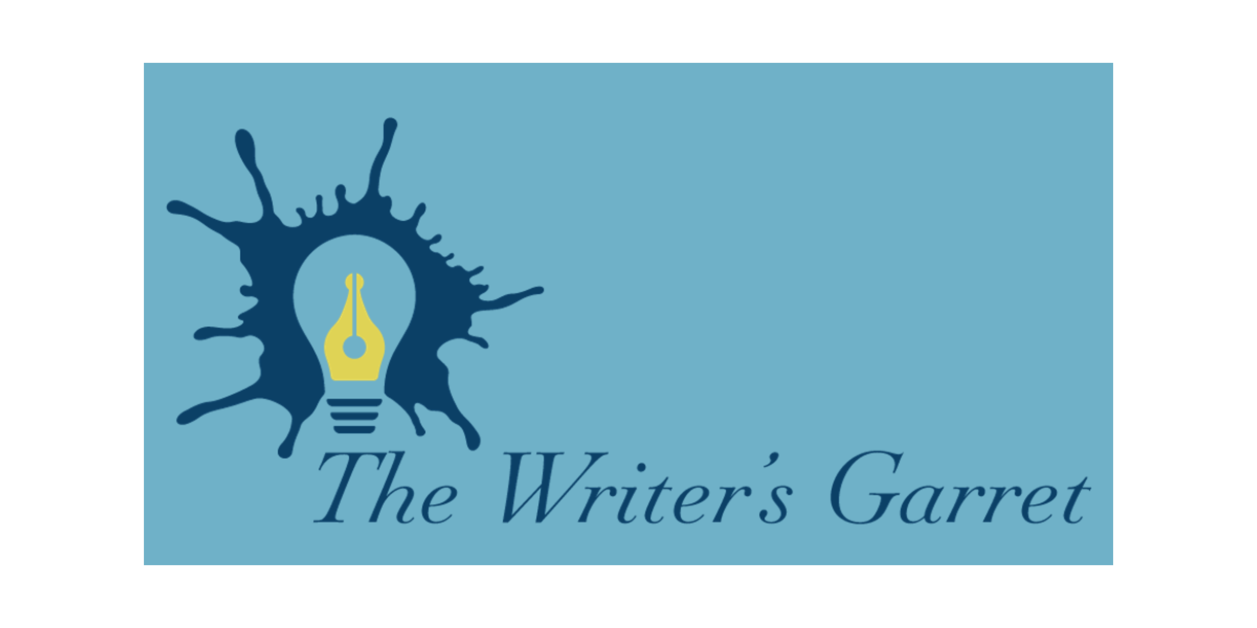 A logo with a blue background featuring a dark blue ink splash surrounding a yellow ink pen nib, with the text "The Writer's Garret" underneath in cursive font.