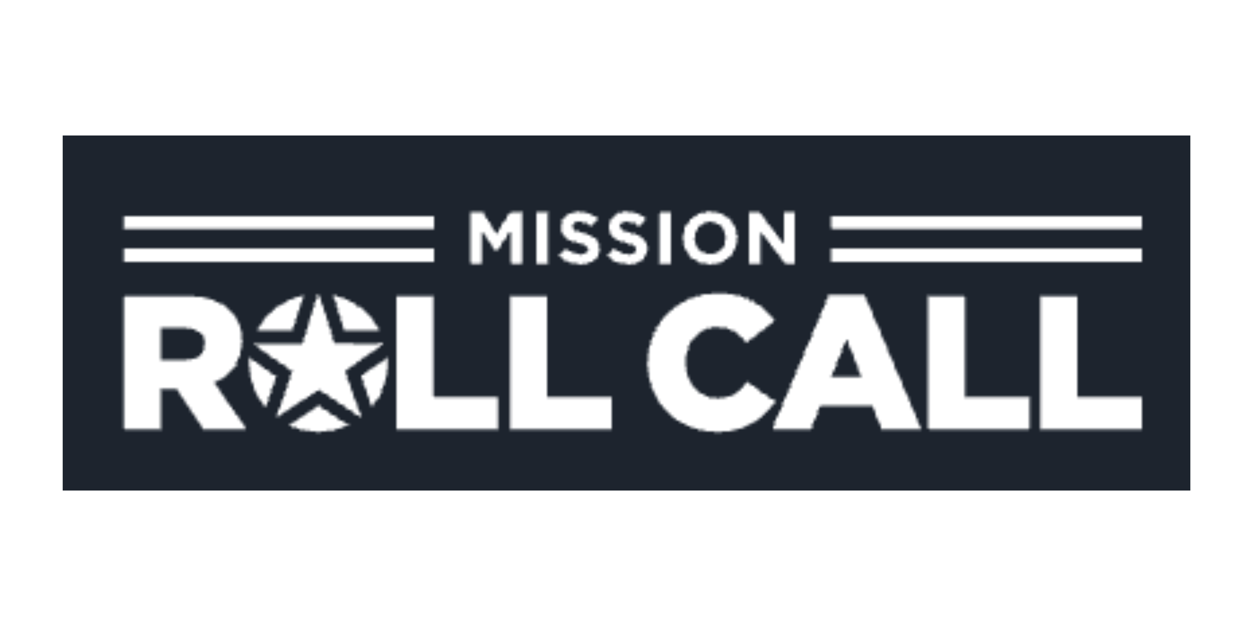 Black rectangular logo featuring white text that says "MISSION ROLL CALL" with a star inside the letter "O" in "ROLL" and horizontal lines above the text.