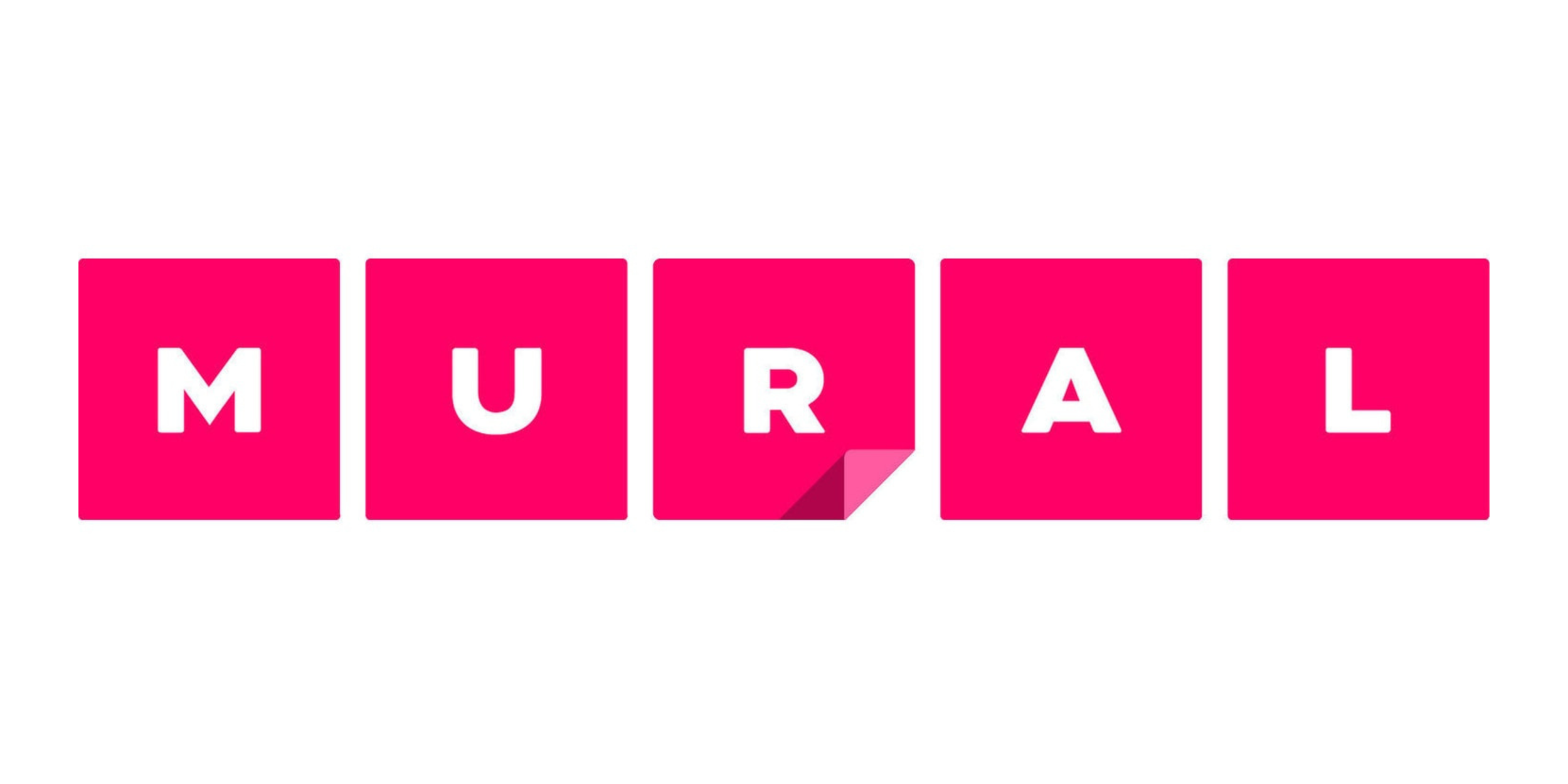 Colorful graphic spelling out the word "MURAL" with pink background squares for each letter.