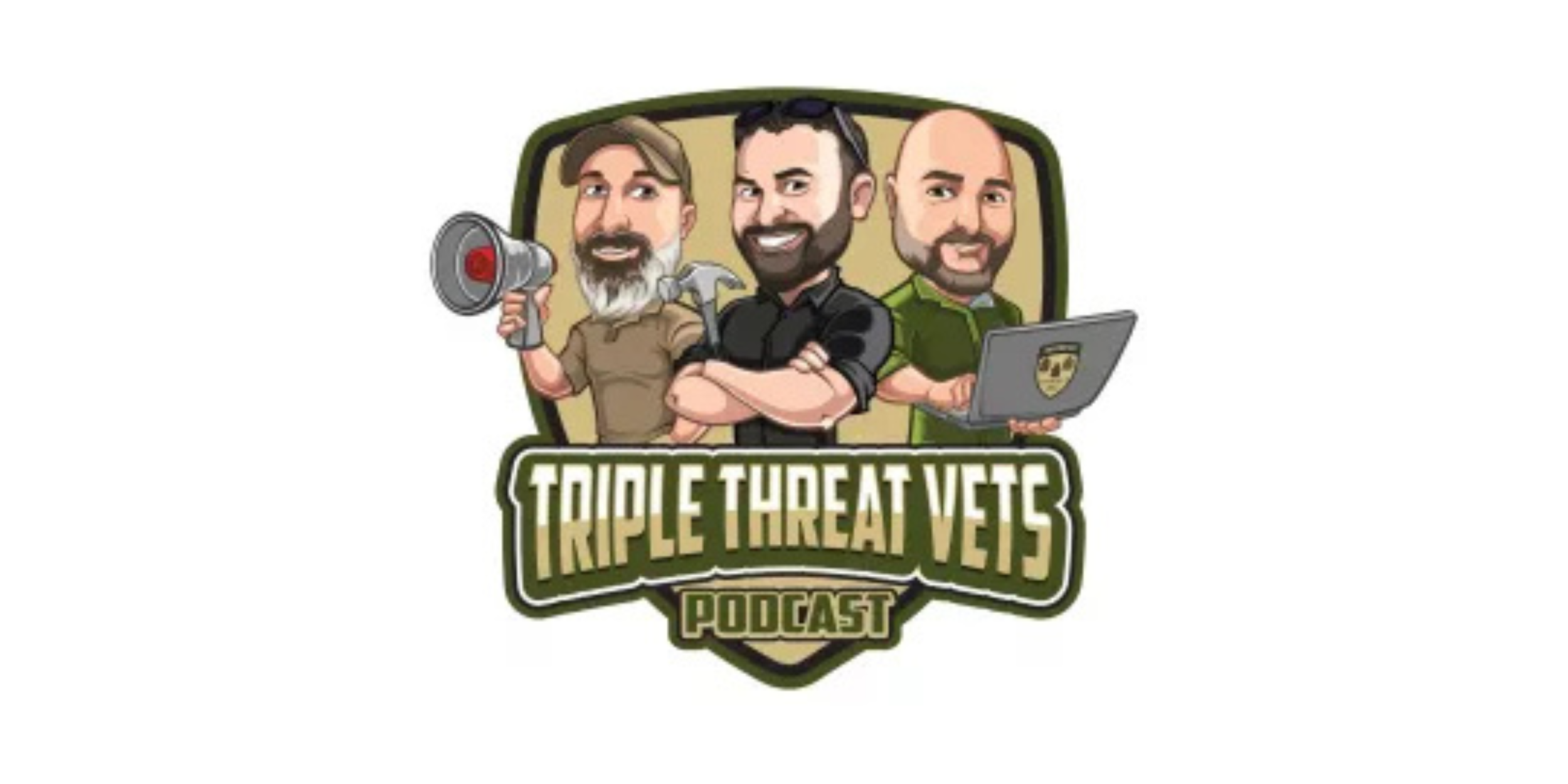 Cartoon logo for Triple Threat Vets Podcast featuring three men, each with different facial hair and attire, one holding a megaphone, another with crossed arms, and the third using a laptop, with the podcast title displayed below.