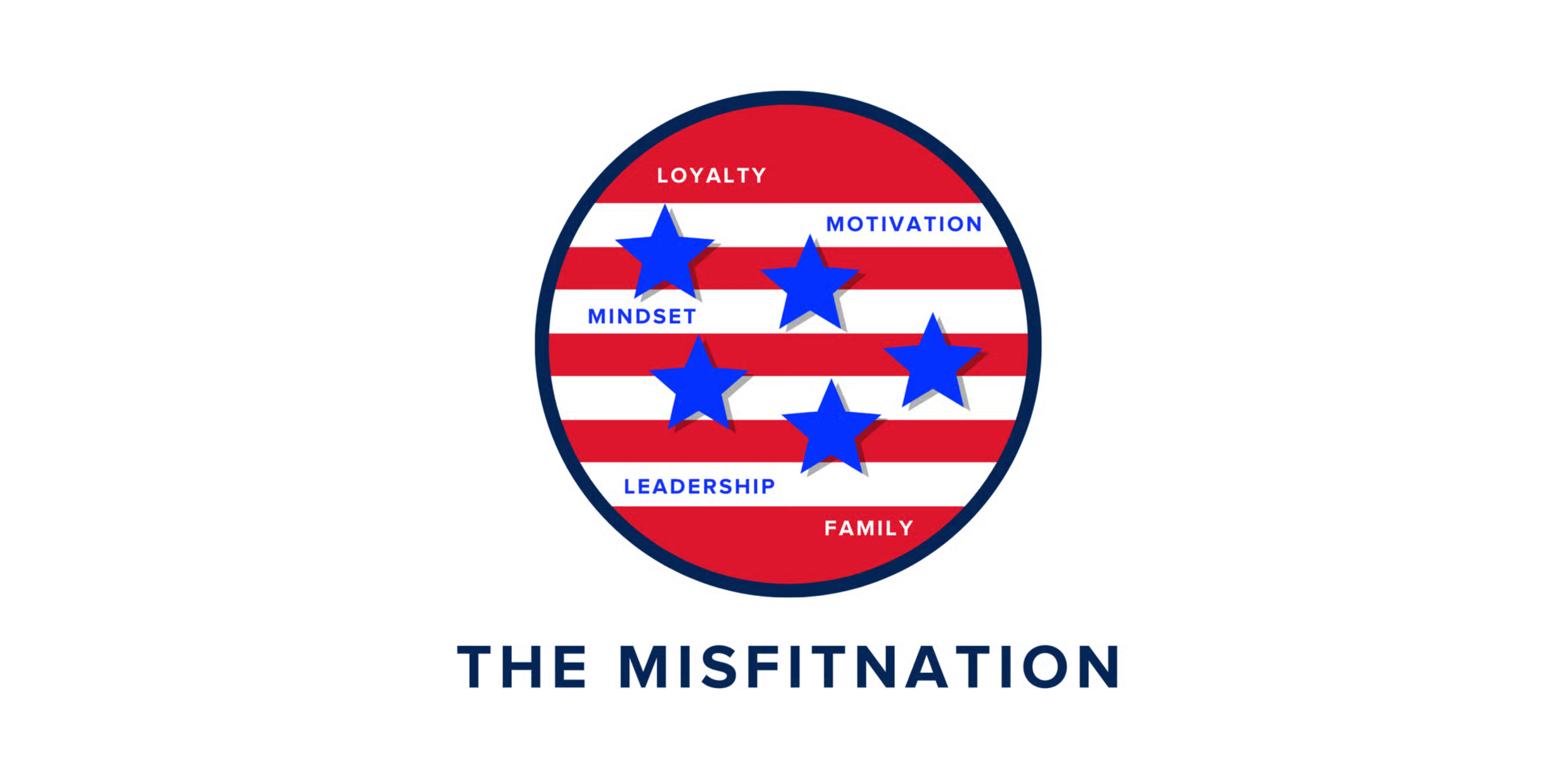 A circular emblem with an American flag background featuring red and white stripes and blue stars. The emblem contains five blue stars labeled with words: 'Loyalty', 'Motivation', 'Mindset', 'Leadership', and 'Family'. Below the emblem, the text read