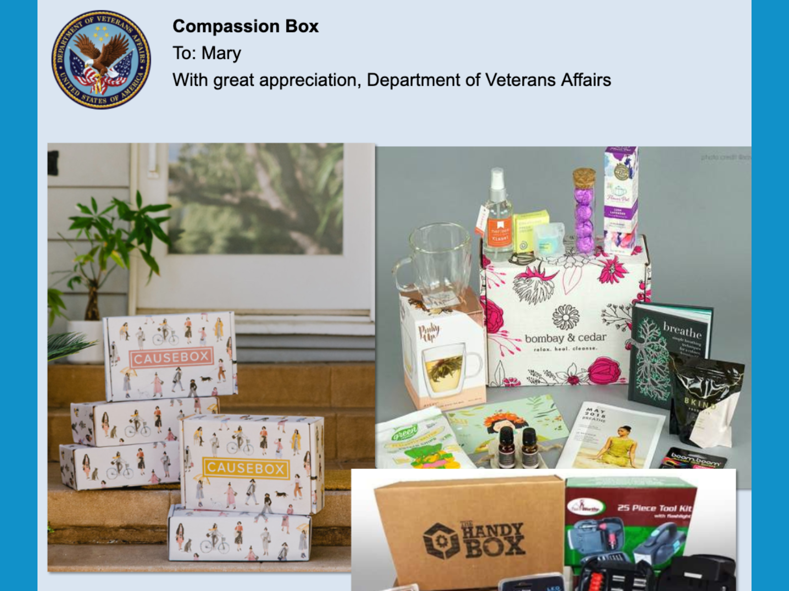 A Department of Veterans Affairs Compassion Box and various gift items, including cause boxes, wellness products, tools, and wellness brochures, arranged on stairs and a table.