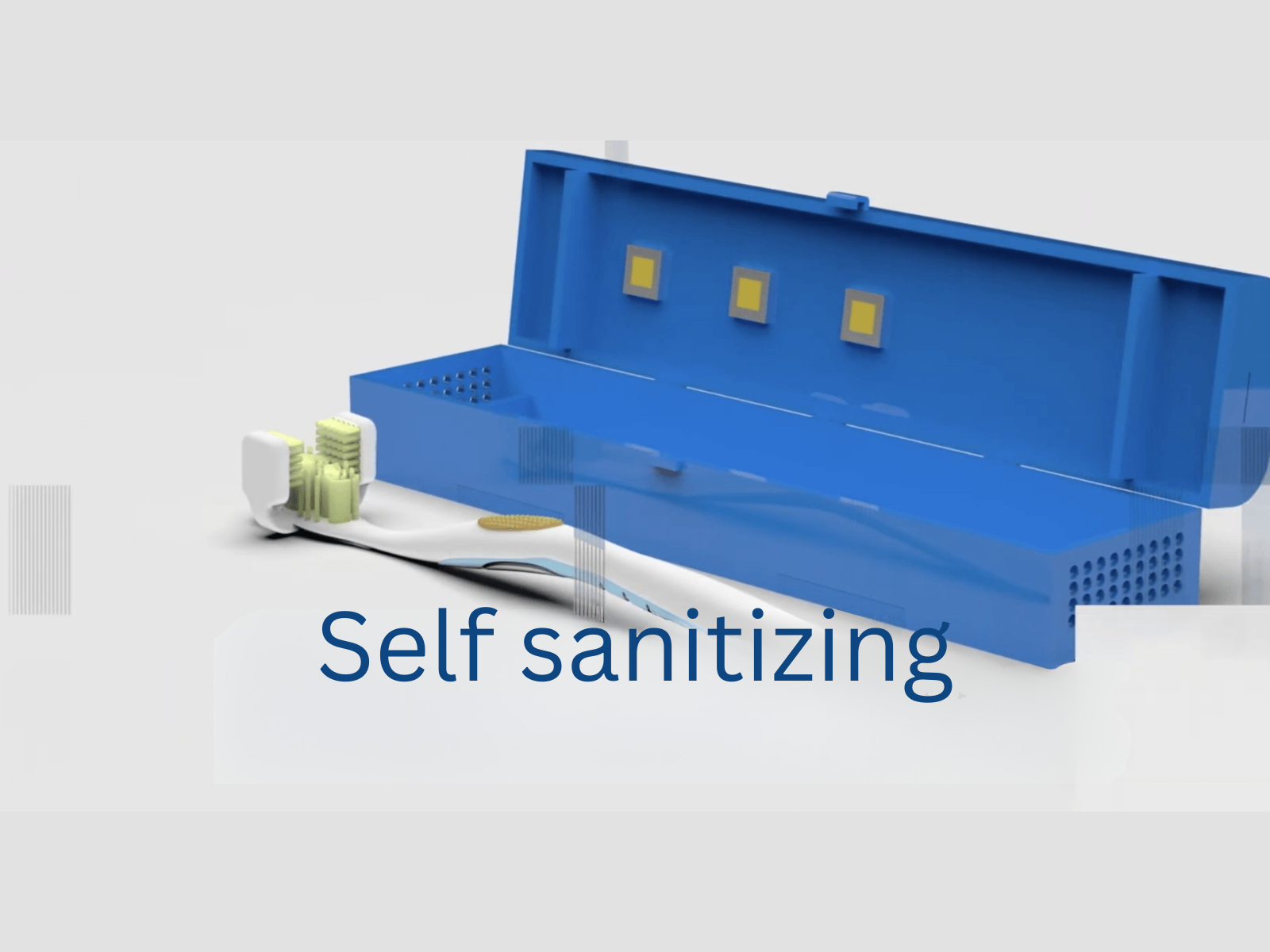 A blue sterilizing container with a yellow and white electric device and a label that reads 'Self sanitizing' in blue text.