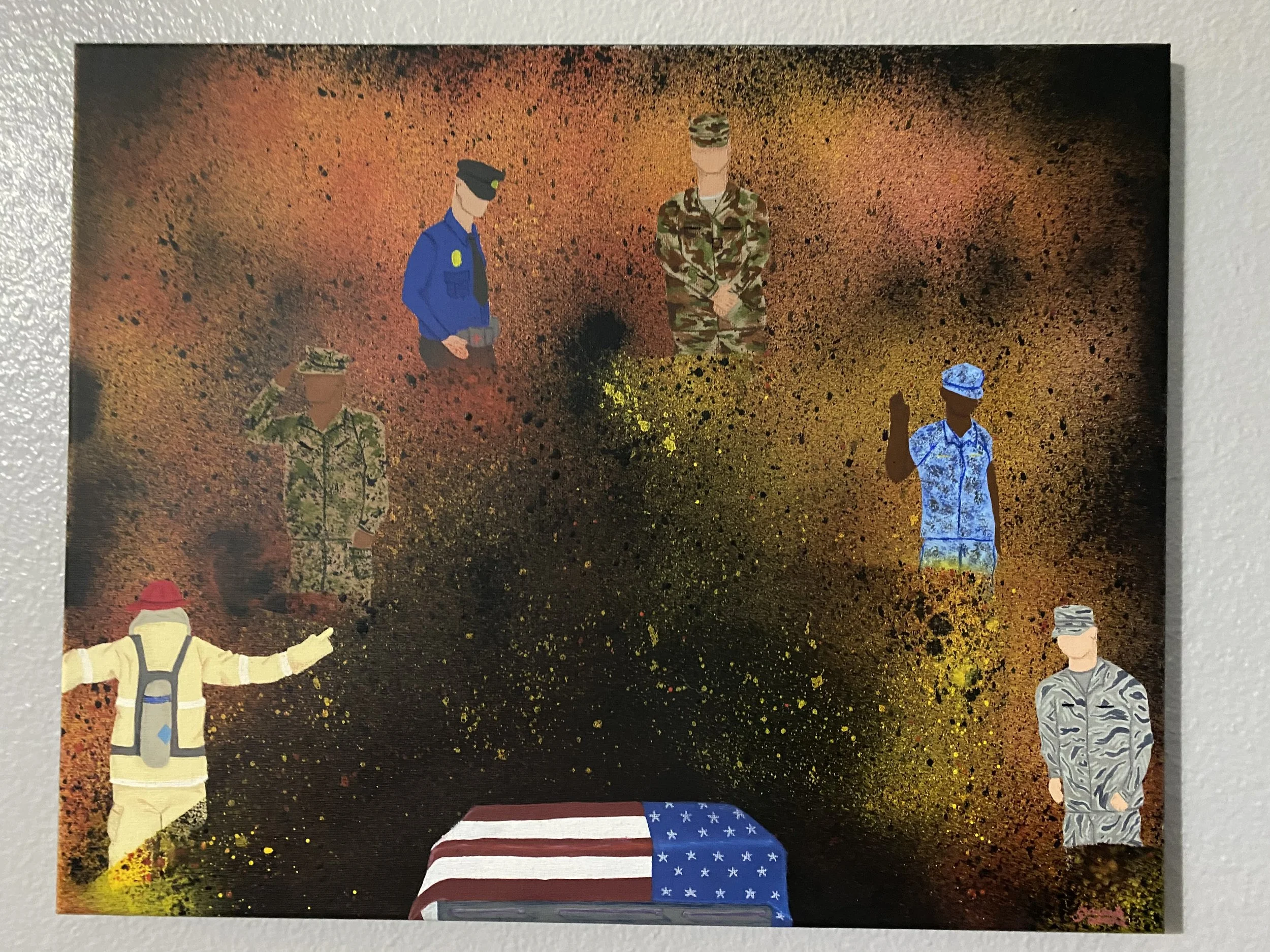 A memorial painting depicting six military figures in various military uniforms, with an American flag-draped coffin at the bottom. The background consists of an abstract splattered paint design in shades of brown, orange, and yellow.