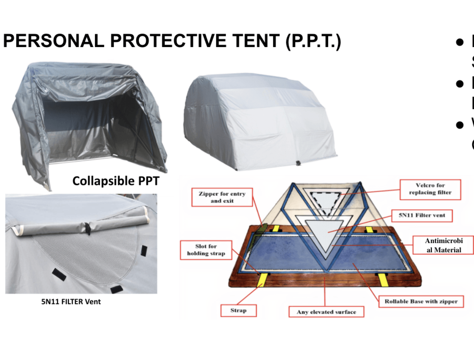 Diagram of a personal protective tent showing its components, including a collapsible tent, a white tent, and detailed features like filter vents, zippers, antimicrobial material, and a rollable base.