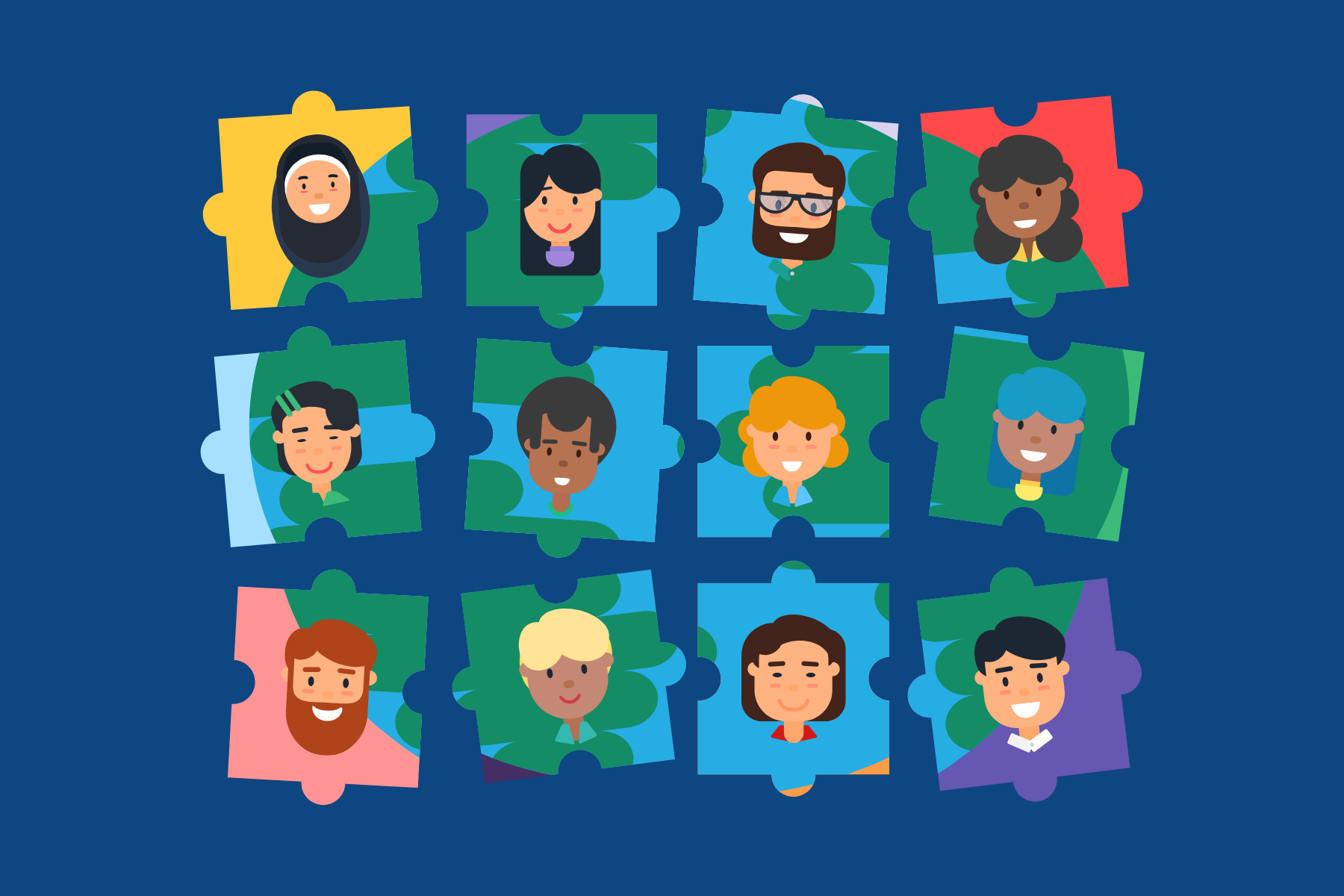 Illustration of a jigsaw puzzle with twelve pieces, each featuring a diverse cartoon portrait of a smiling person with different hairstyles and skin tones, set against a dark blue background.