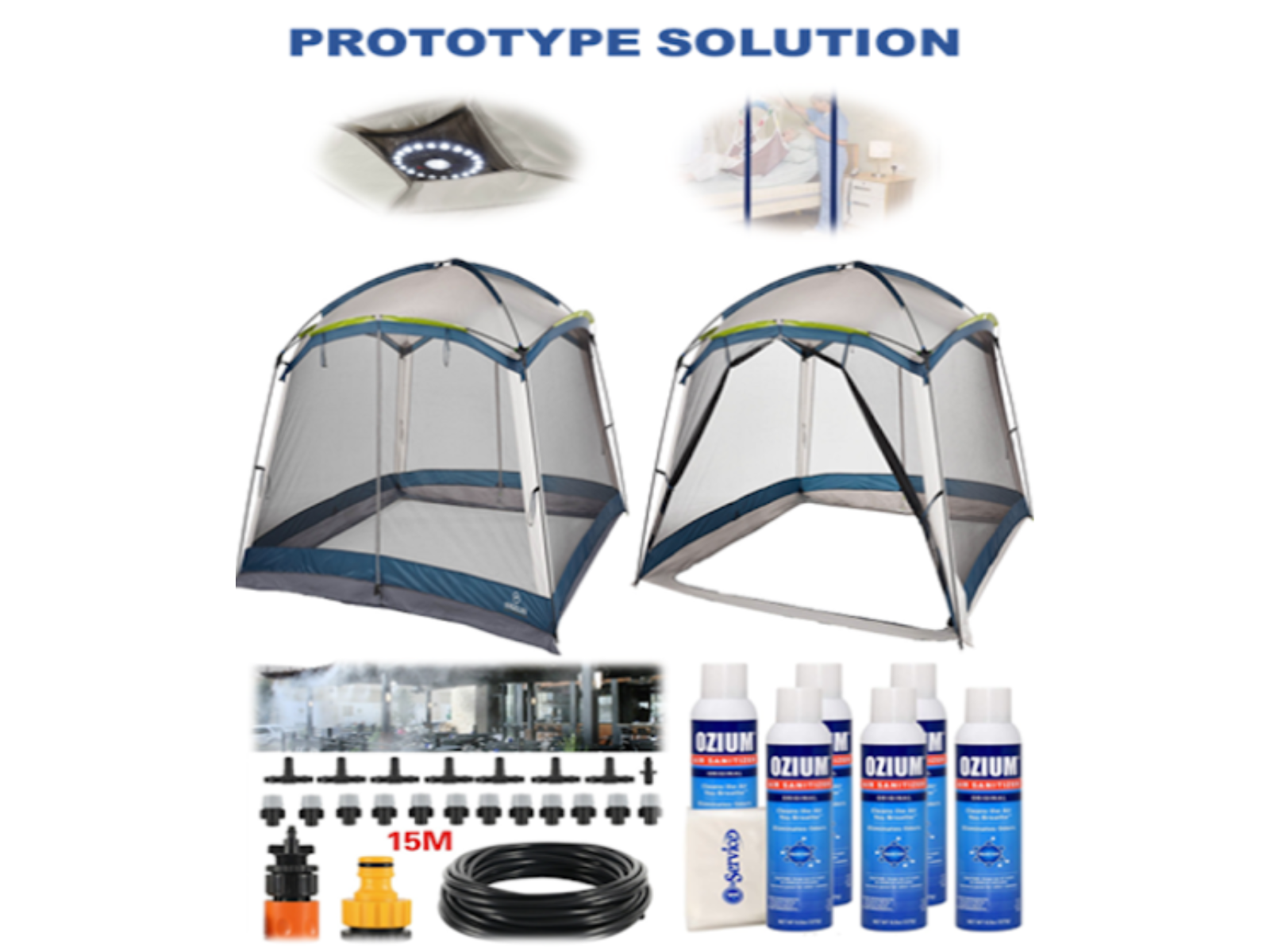 Prototypes of a tent with a fly and a full enclosed design, accompanied by cleaning and maintenance supplies including bottles of Ozium air sanitizer, a coiled hose, a water filter system, and hardware components.
