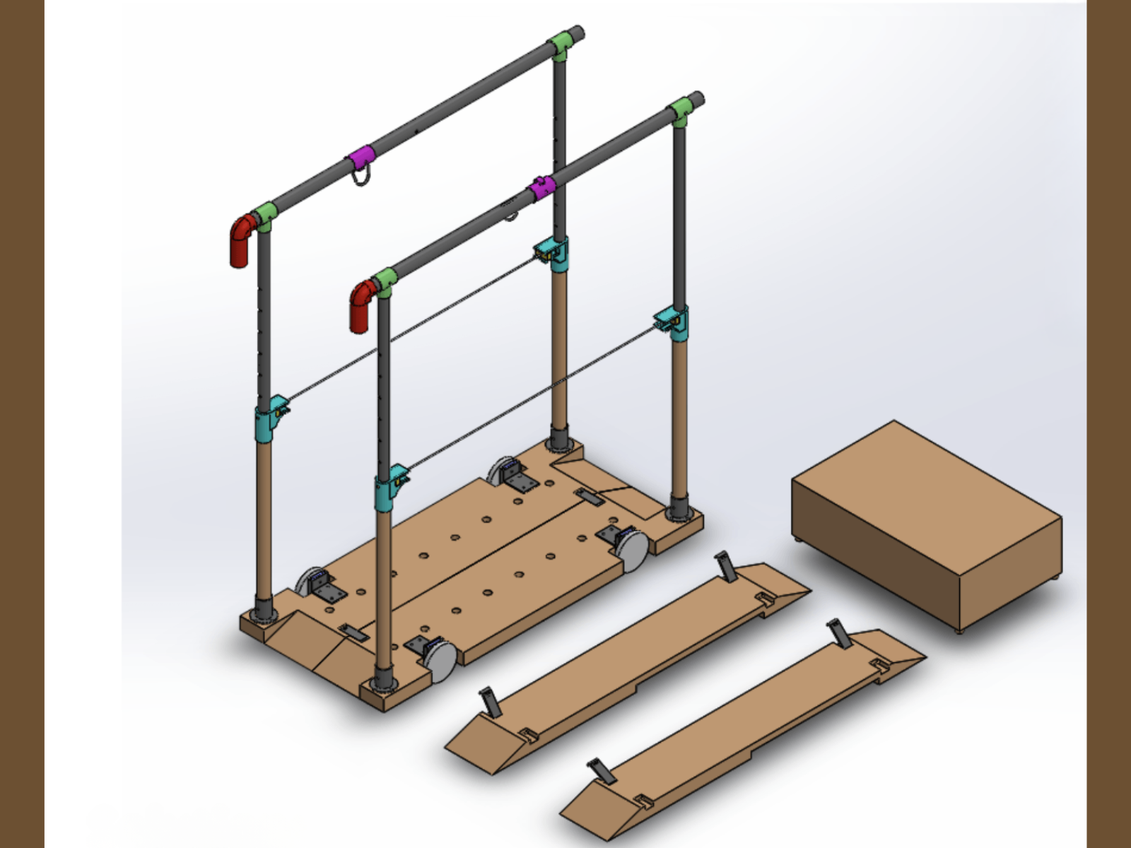 An engineering diagram of a gymnastic rig setup with metal pipes, wooden platform, and support components.