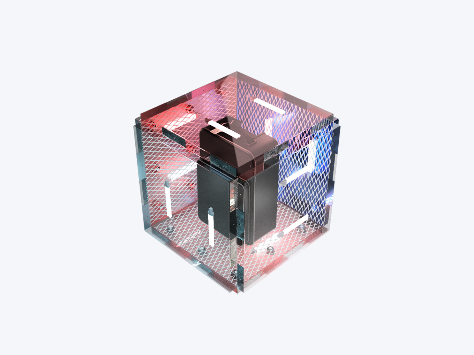 A transparent cube-shaped enclosure with blue and red neon lights, containing electronic components inside.