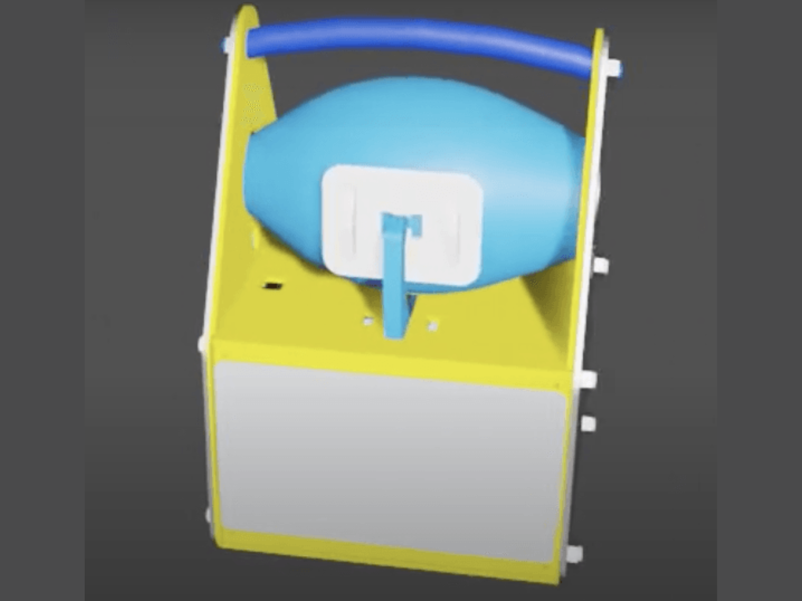 A children's water play center with a blue and yellow structure, featuring a small slide, a splash pad area, and a frog-shaped water feature.