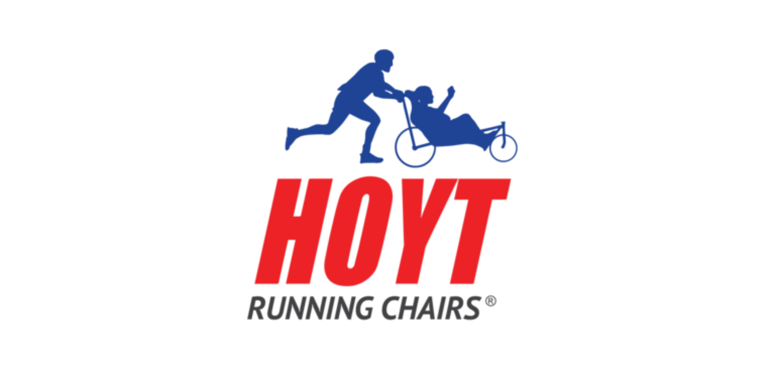 Logo of Hoyt running chairs featuring a silhouette of a person pushing a seated person in a wheelchair and bold red text reading 'HOYT' with black text below that says 'Running Chairs'.