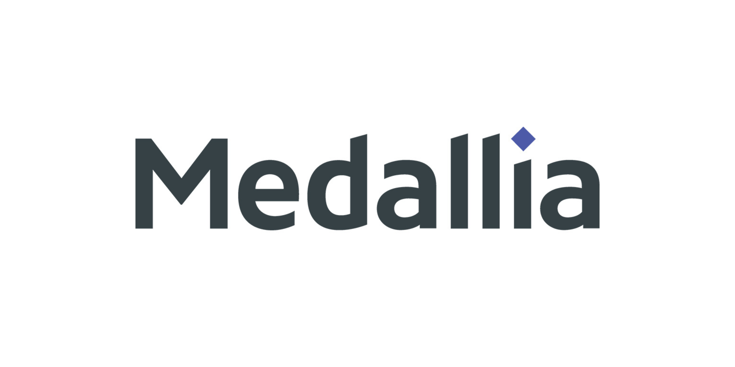 Medallia logo with black text and a small blue diamond accent on the letter i.