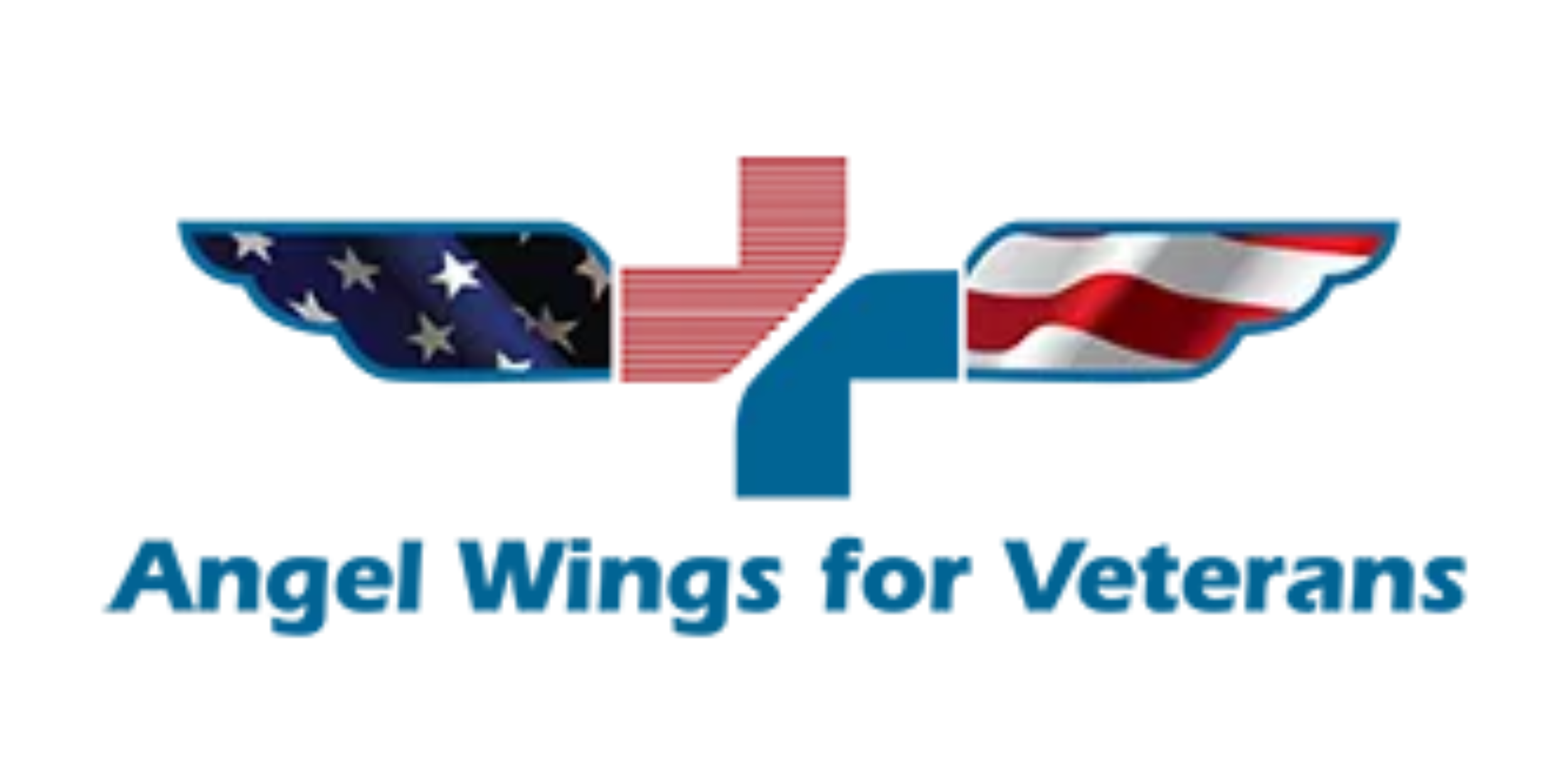 Logo of Angel Wings for Veterans, featuring stylized angel wings with the stars and stripes of the American flag, and the organization name below.