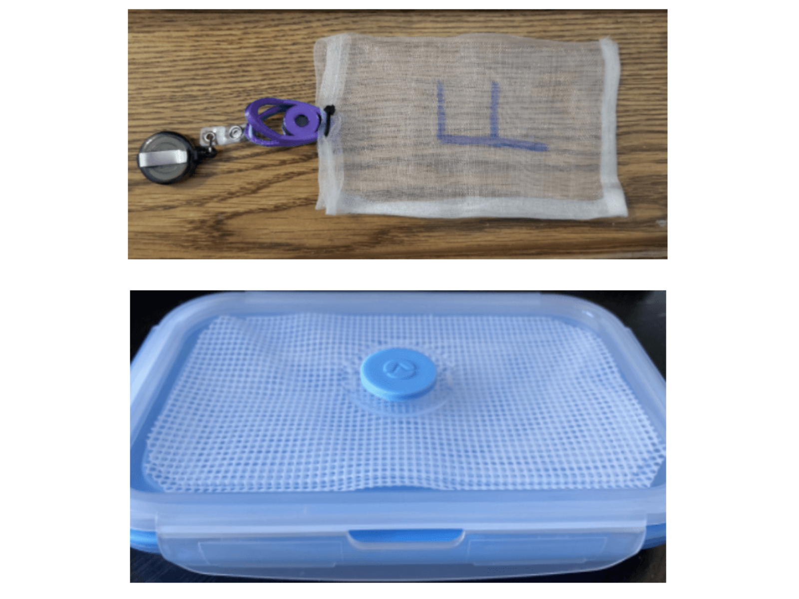 Medical equipment including a disposable gauze pad with a blue letter 'L', a purple lanyard with a retractable badge reel, and a blue plastic container with a textured lid.