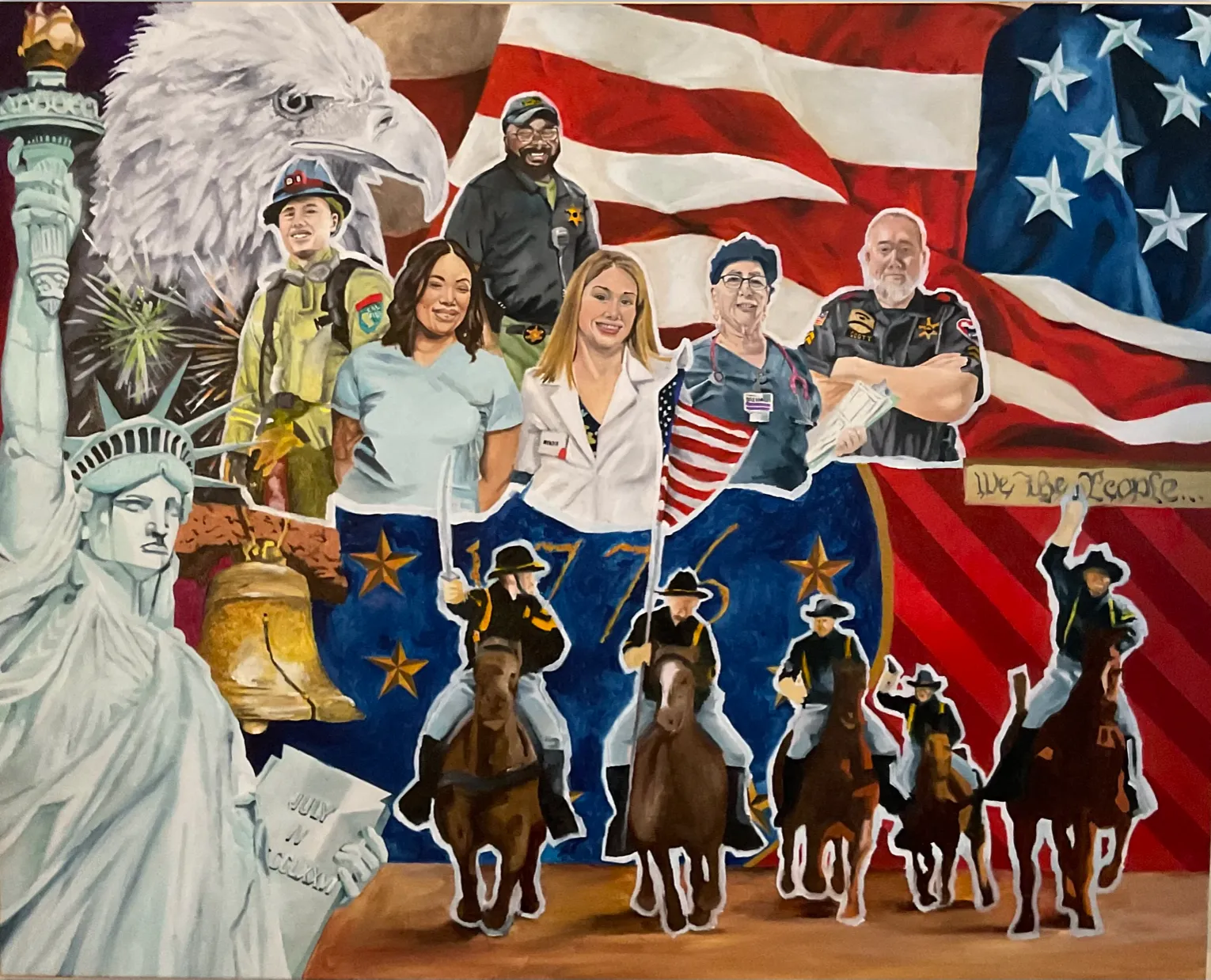 A mural featuring diverse American workers and heroes, including healthcare professionals, first responders, military personnel on horseback, and patriotic symbols like the American flag, the Statue of Liberty, and the Liberty Bell.