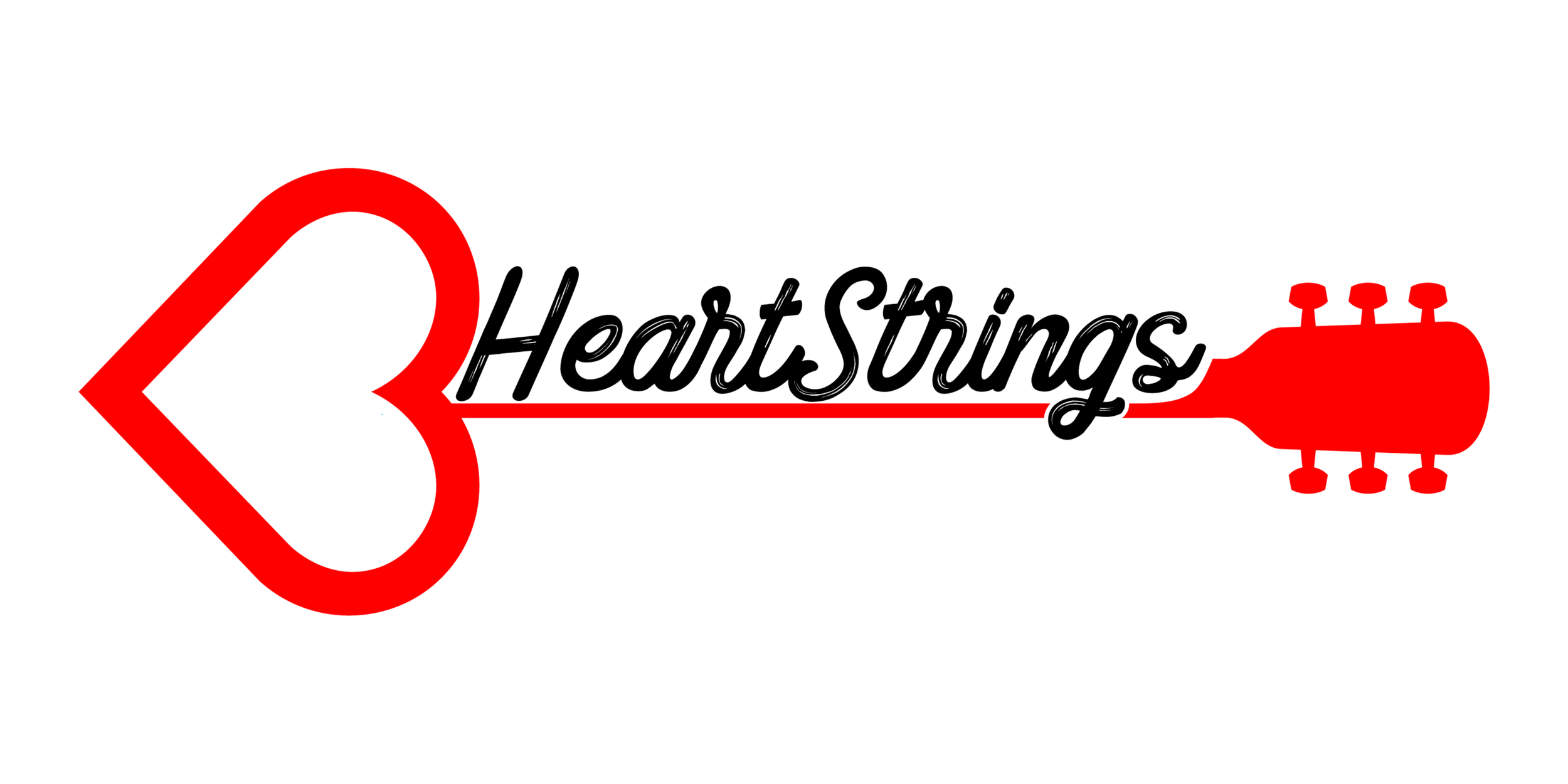 A logo with a red guitar pick shape forming a heart, connected to a red guitar headstock, with black cursive text saying 'HeartStrings'.