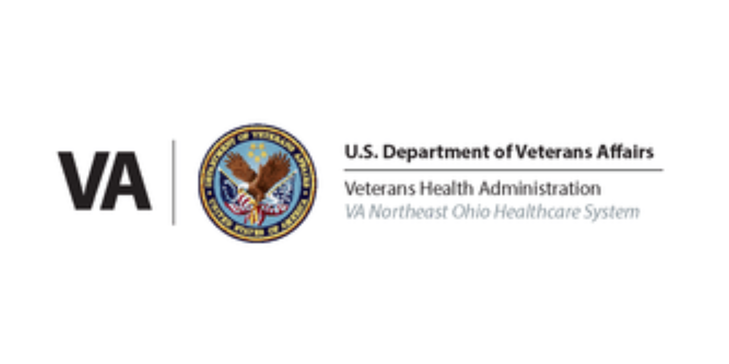 U.S. Department of Veterans Affairs logo with an eagle emblem, text indicating Veterans Health Administration and Northeast Ohio Healthcare System.