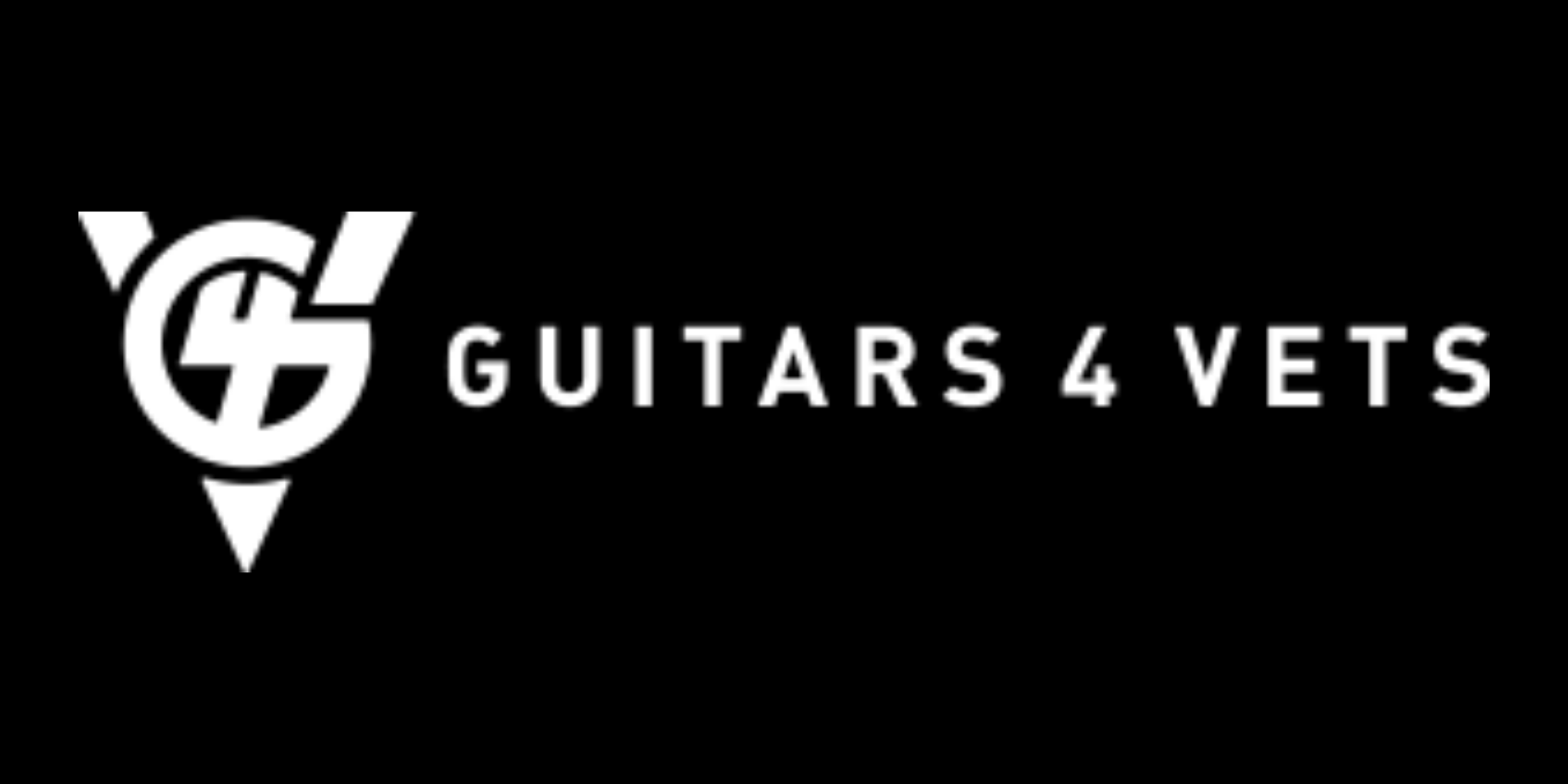 Logo for Guitars 4 Vets with a stylized guitar and arrow, black background, white text.