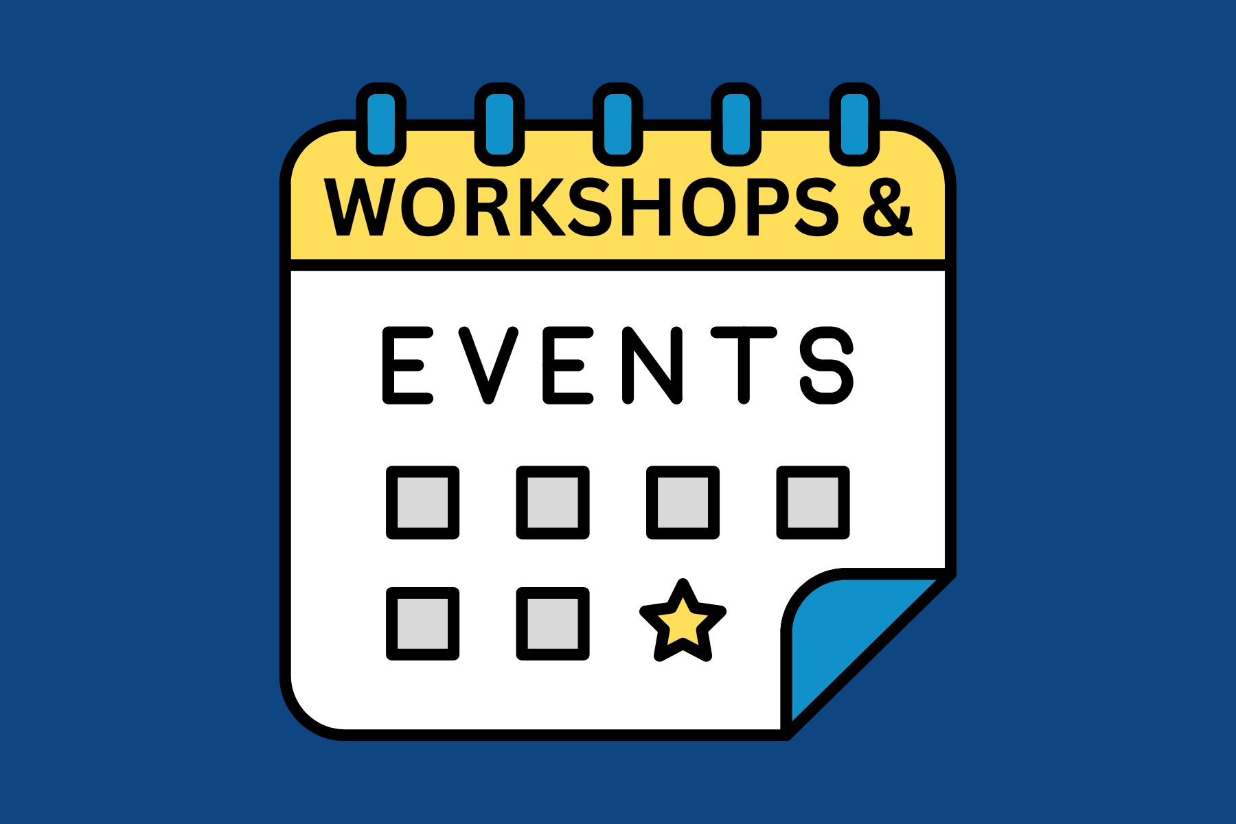 A calendar graphic showing 'Workshops & Events' at the top, with a star icon and checkboxes below.
