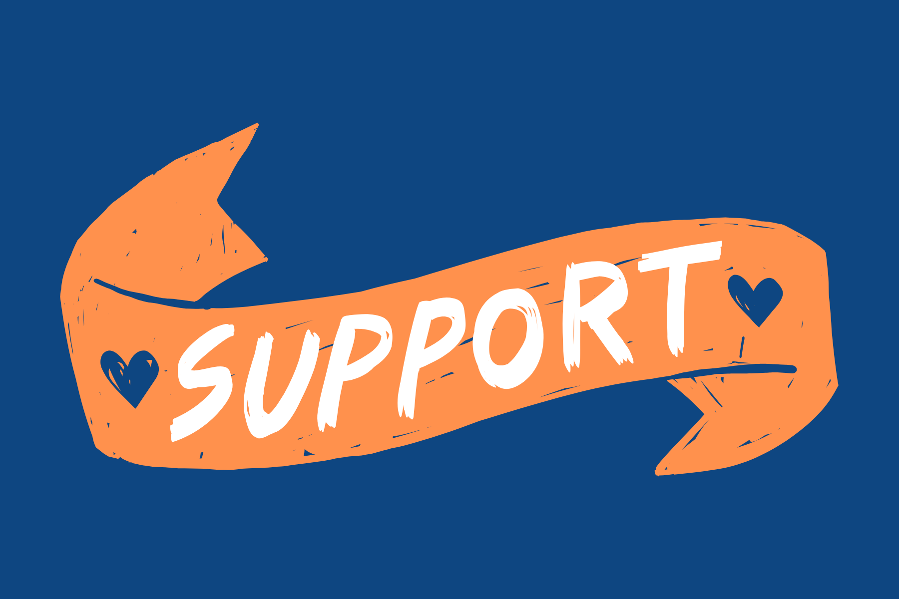 An orange ribbon with the word 'SUPPORT' written in white and two dark blue hearts on each side, set against a dark blue background.