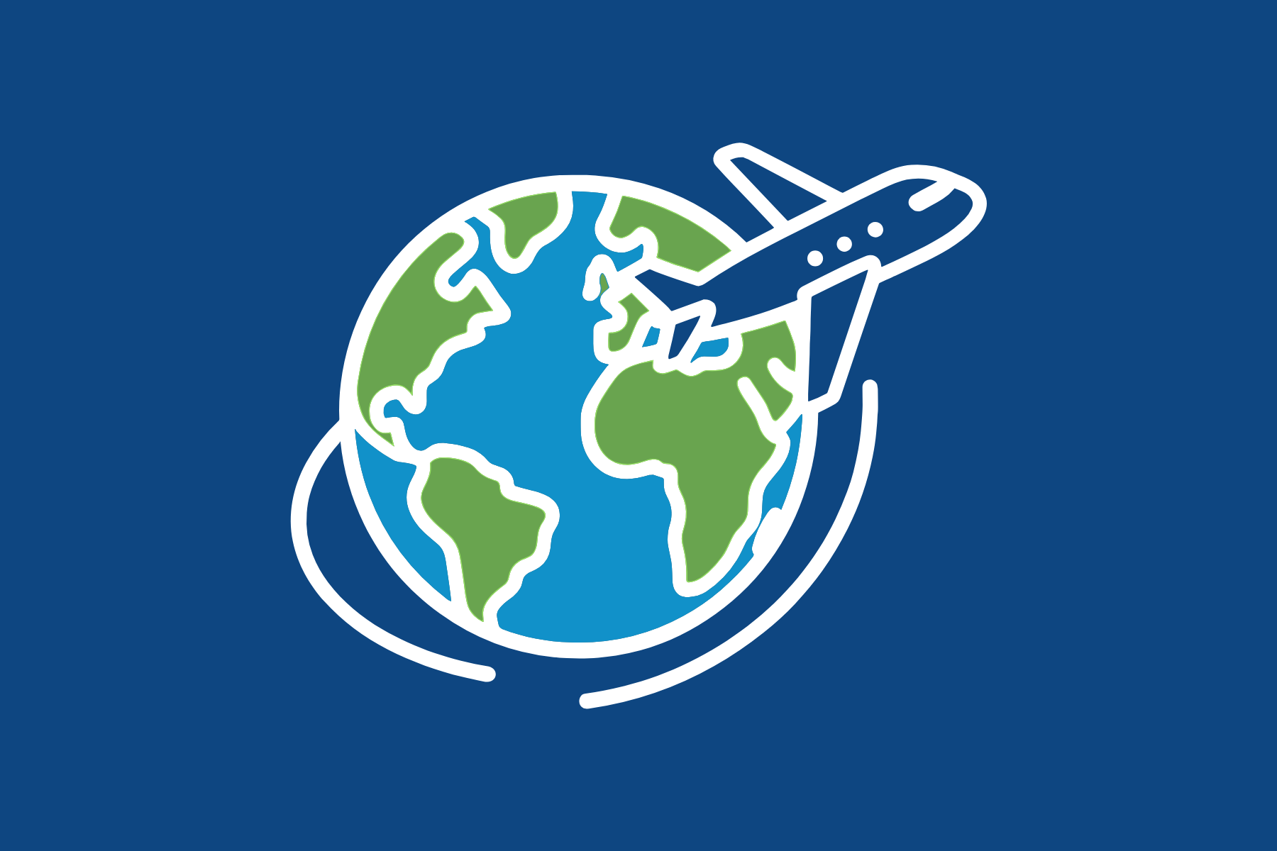 Illustration of the Earth with a paper airplane flying around it, symbolizing global travel or environmental awareness, on a blue background.