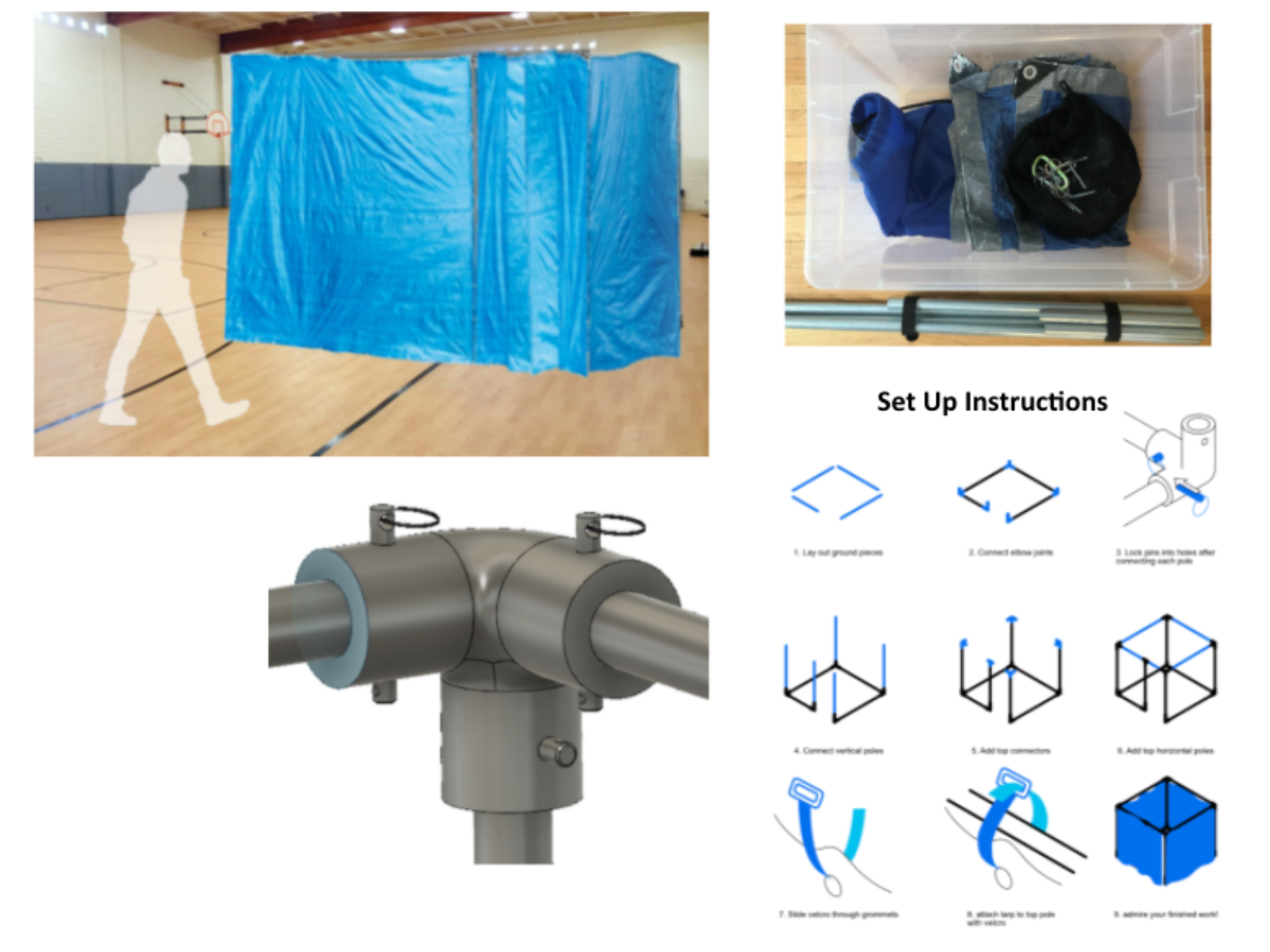 An indoor gymnasium with a blue tarp hanging from the ceiling, set up as a makeshift climbing or obstacle course. There is a silhouette of a person walking past the setup, which includes a plastic container with clothing items, a set of poles or tripods, and instructions for assembling a structural frame with step-by-step diagrams.