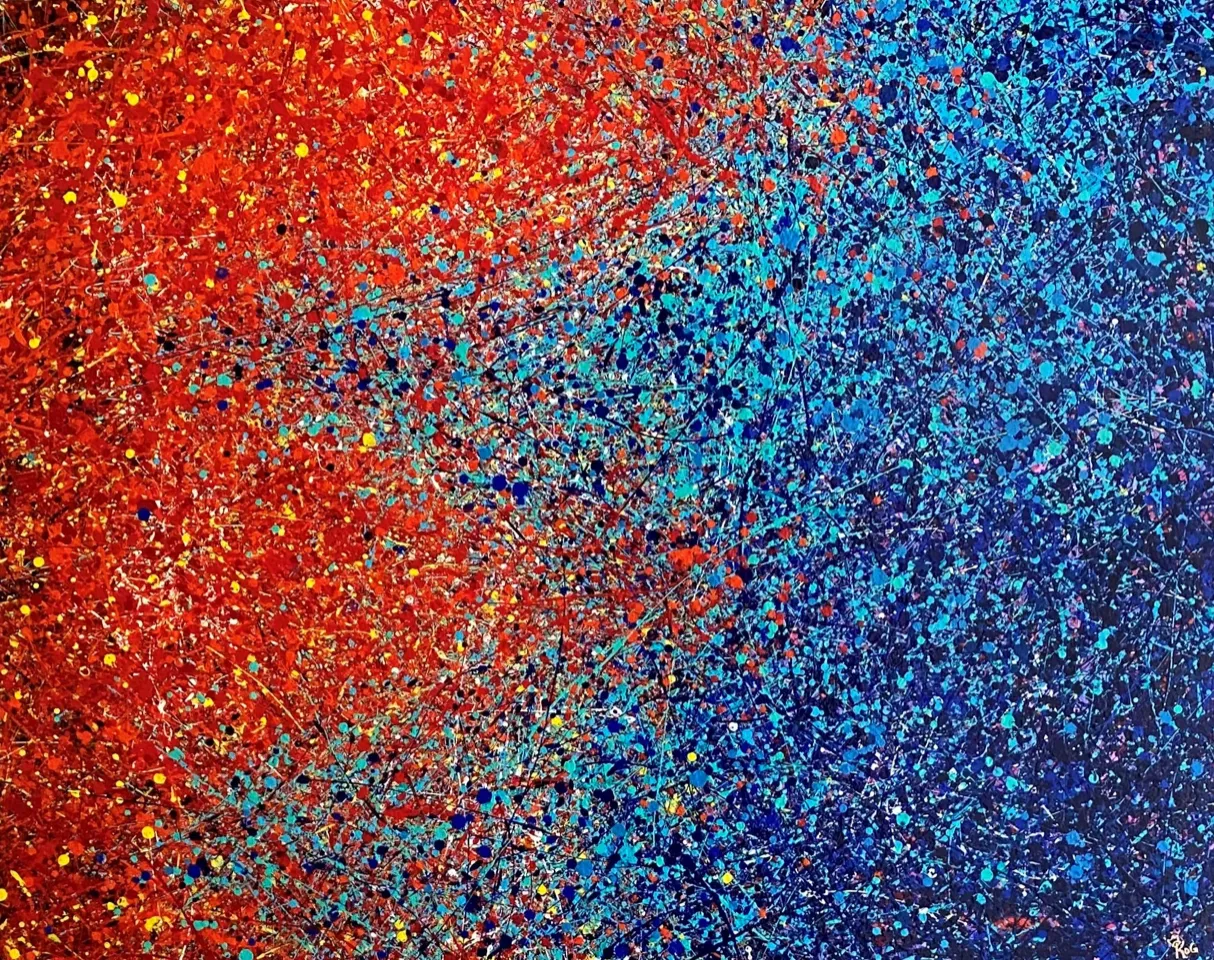 Abstract painting with red on the left side blending into blue on the right side, filled with multicolored splatters and fine lines.