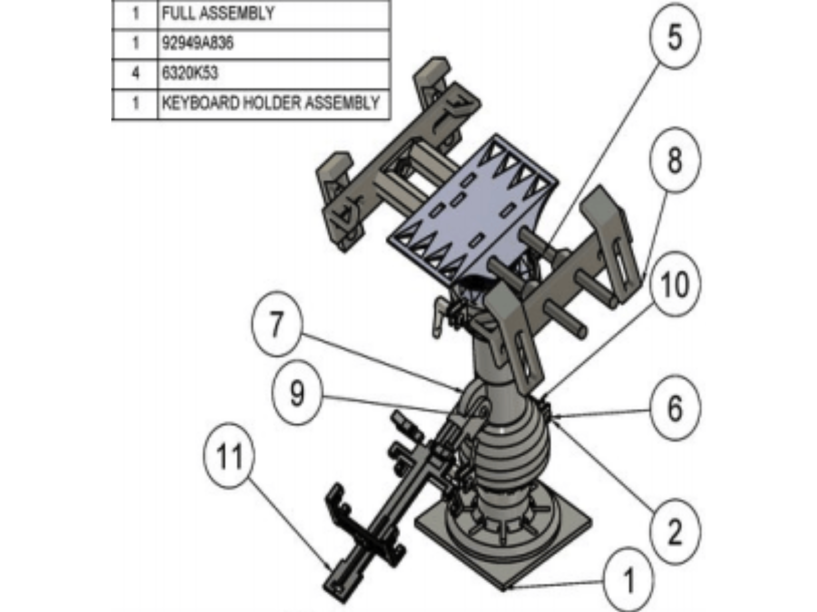Diagram of a mechanical assembly with numbered parts, including a base, arm, and component holders.