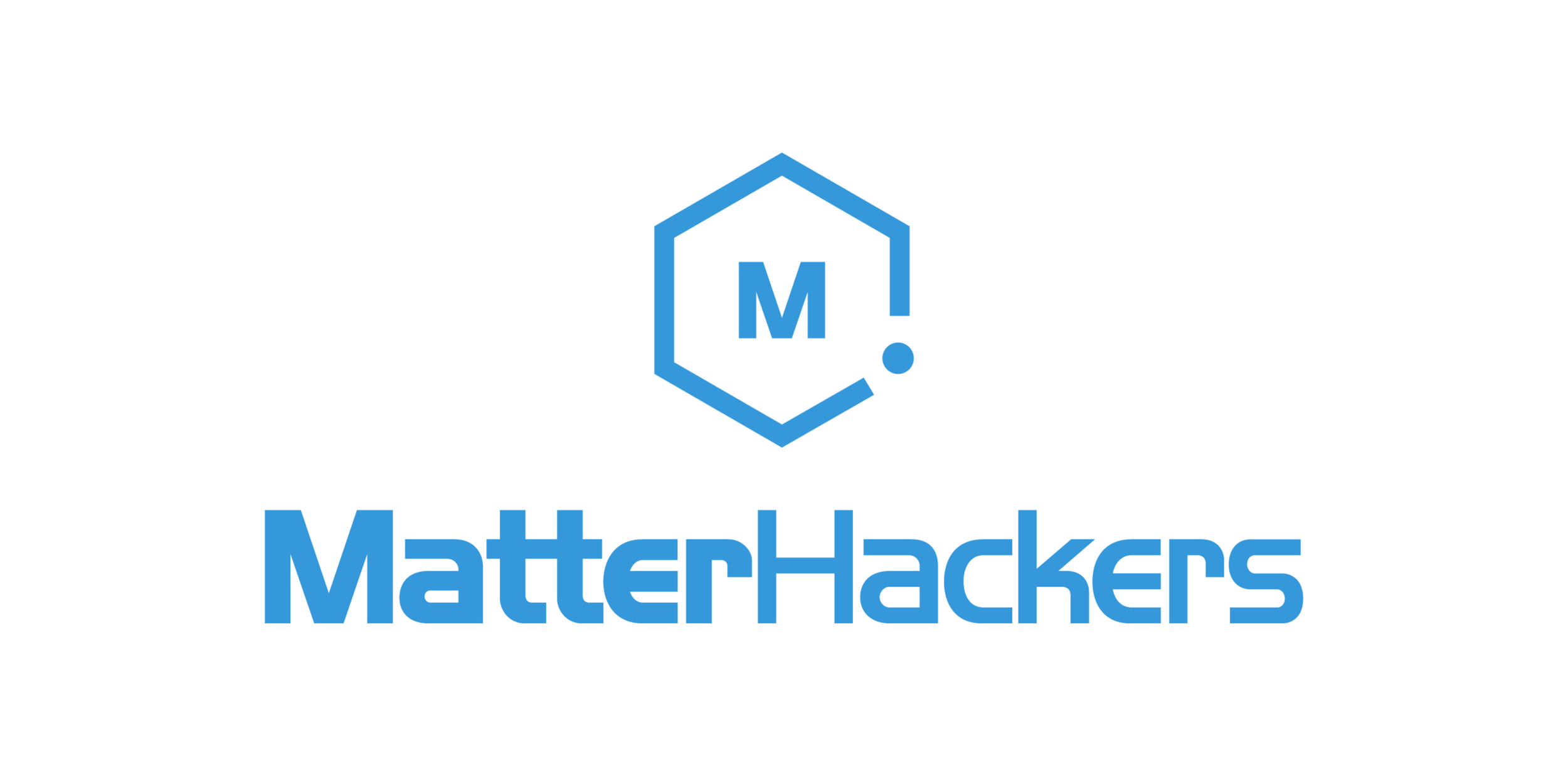 MatternHackers logo with a blue hexagonal emblem containing a capital M and a period, and the name MatterHackers written below in blue text.