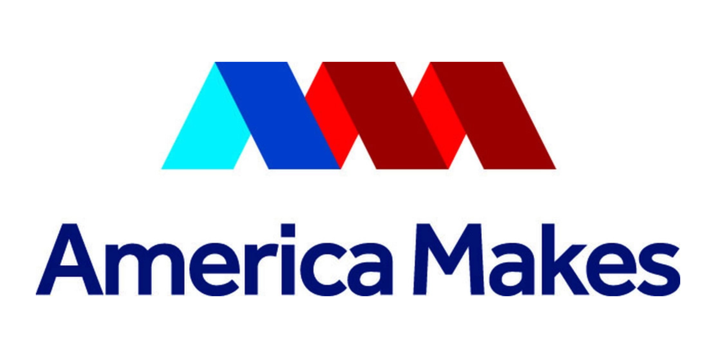 Logo of America Makes featuring stylized 'A' shapes in shades of blue and red, with the text 'America Makes' below in blue font.