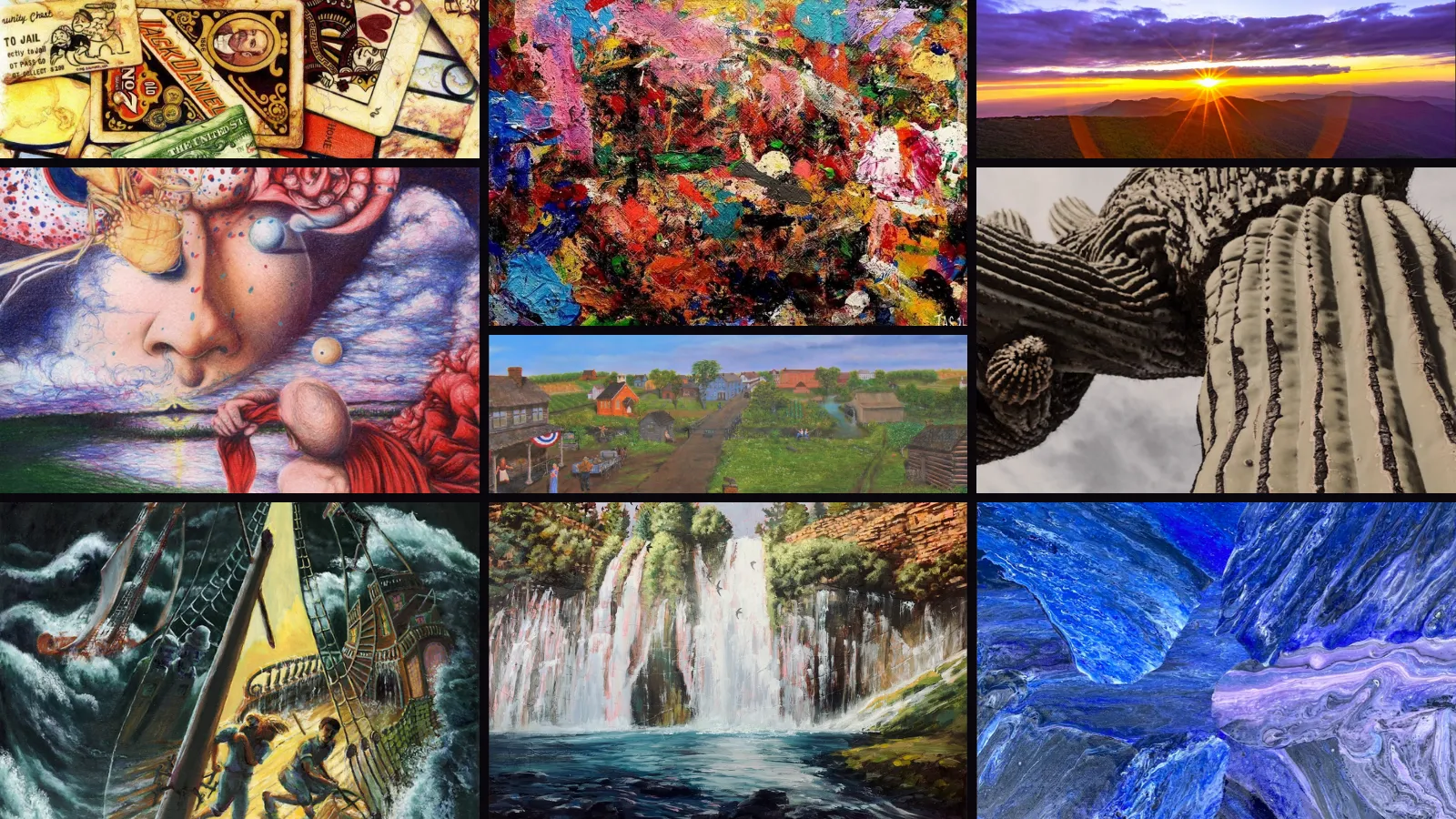 A collage of nine images featuring various scenes and artworks, including a collection of tarot cards, an abstract colorful paint splash, a sunset over mountains, a surreal painting of a child's face with planets, a rural town, a textured black and white plant, a pirate ship battling rough seas, a waterfall in a forest, and a close-up of blue and purple mineral rocks.