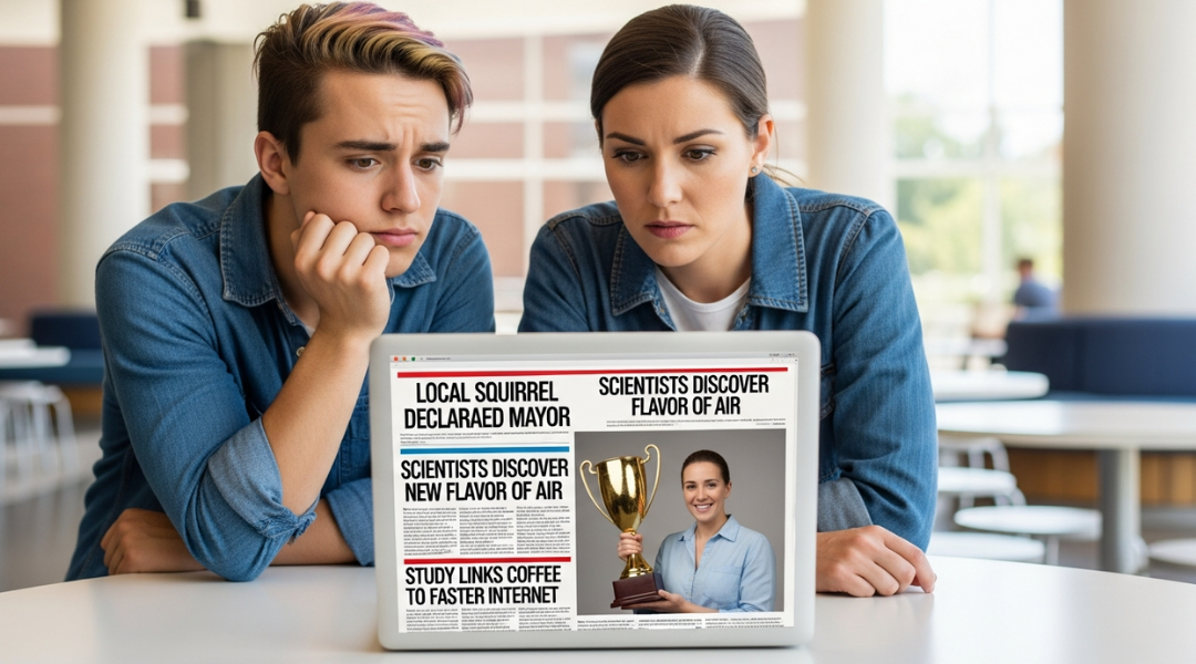 A young man and woman sit at a table, looking concerned while viewing a laptop screen displaying a news article about scientists discovering a new flavor of air, featuring a smiling woman holding a trophy.