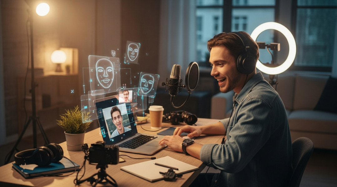 Young man recording a podcast in a home studio with a ring light, laptop, camera, and digital graphics of face recognition on screen.