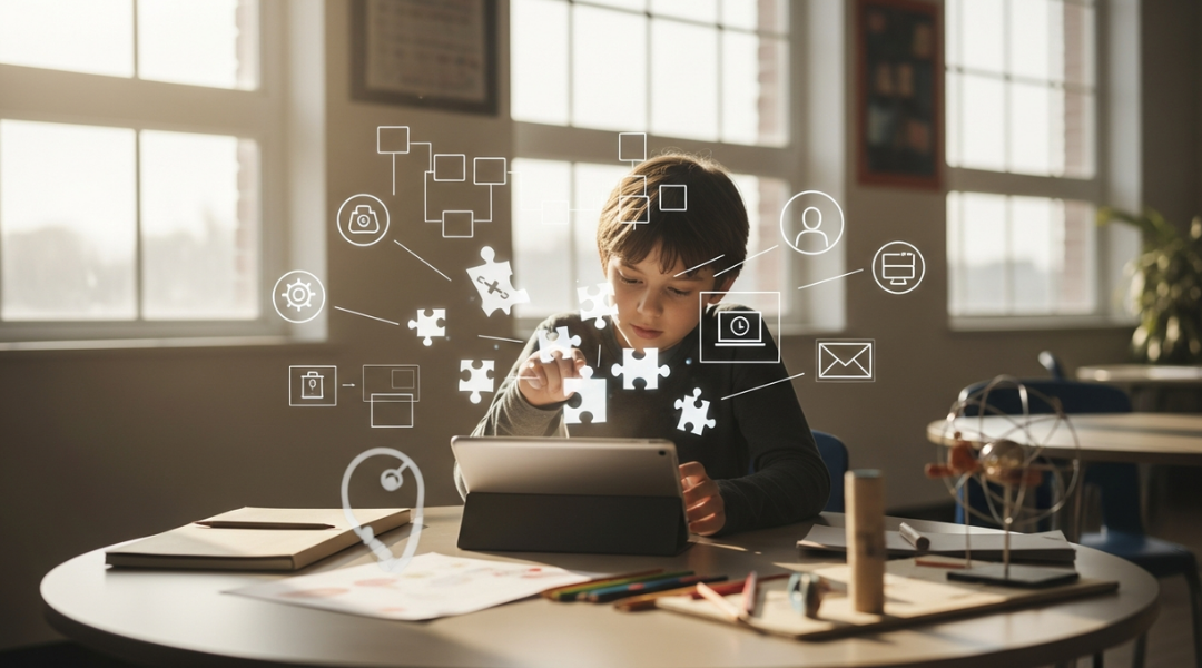 Child working on a tablet with digital puzzle and icon overlays in a well-lit room.