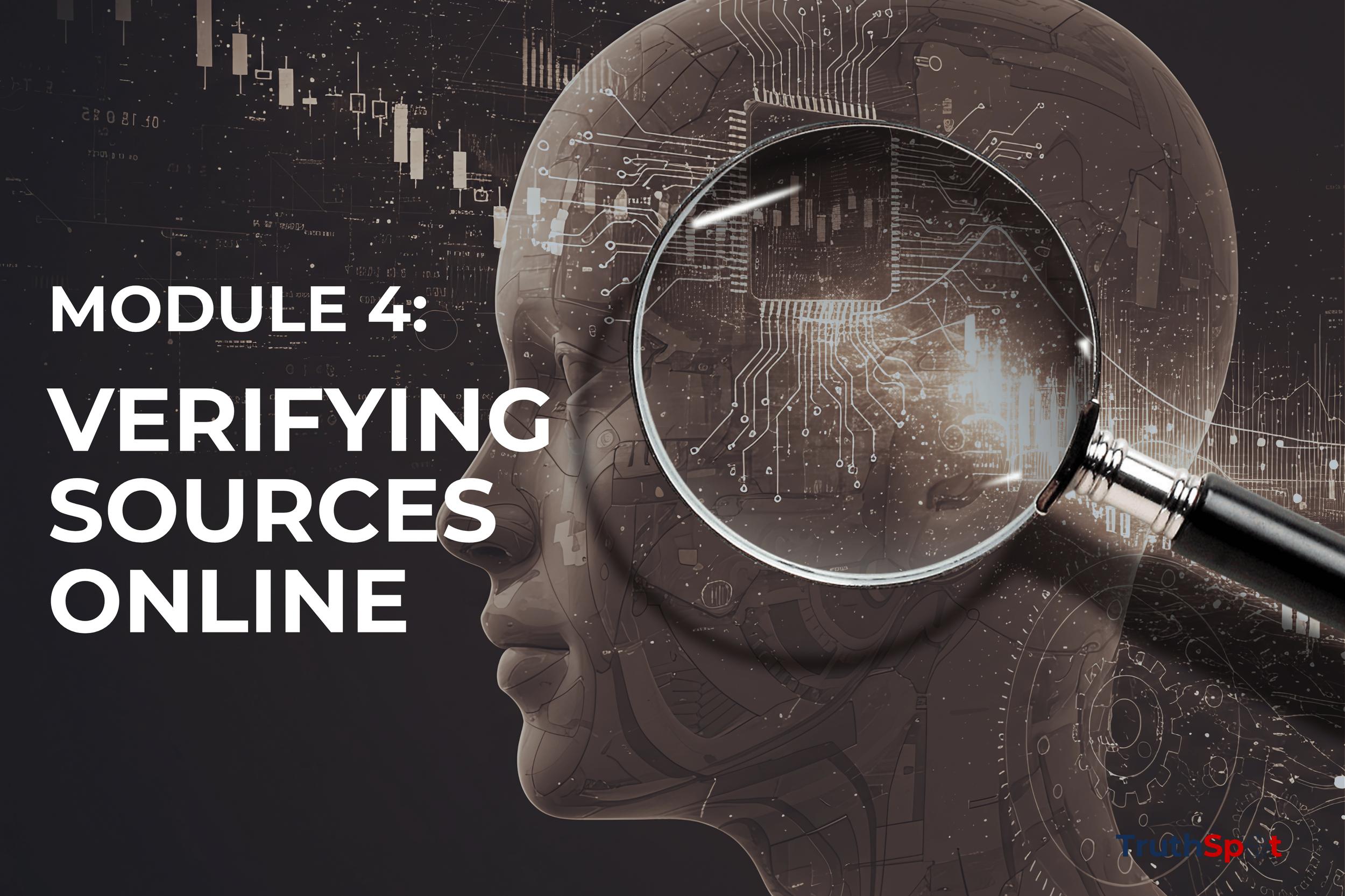 A digital illustration of a human head with futuristic circuitry, overlaid with a transparent magnifying glass. The background includes stock market graphs and digital data, representing online information verification. Text overlays say 'Module 4: Verifying Sources Online'.
