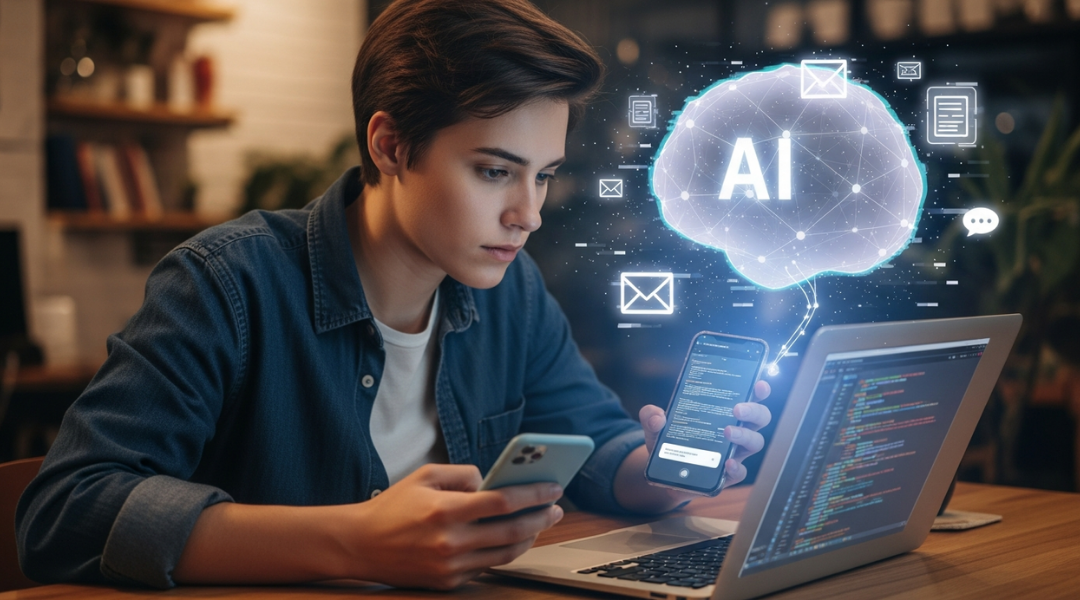 Young man working on multiple devices with a digital AI brain hologram above them