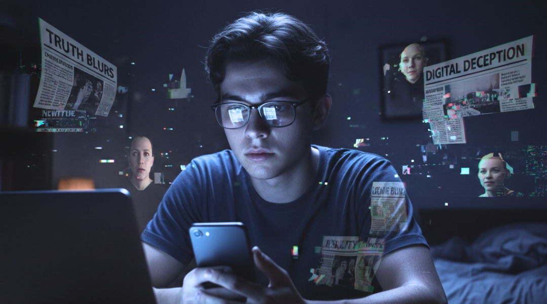 Young man using smartphone with digital headlines and images about misinformation floating around him in a dark room.