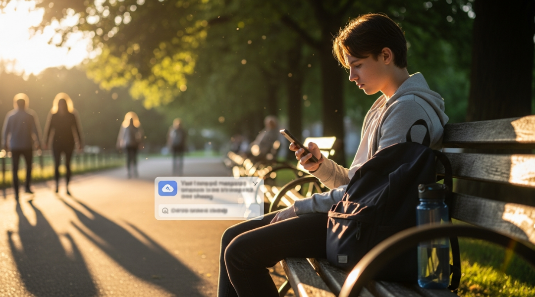 A young person seated on a park bench, using a smartphone, with a backpack and water bottle beside them, during sunset with people walking in the background.