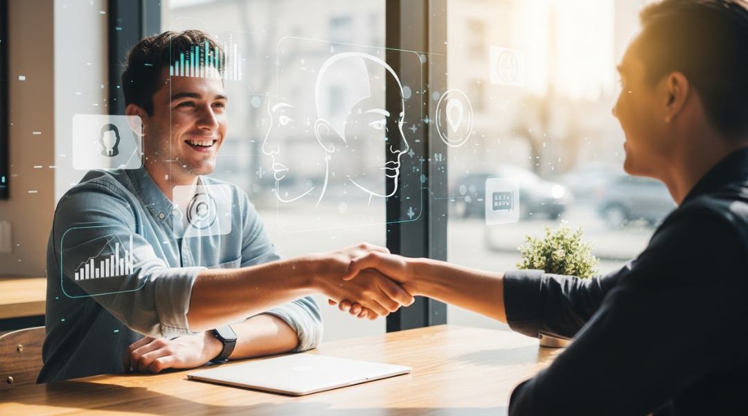 Two people shaking hands during a meeting at a cafe with digital graphics of faces and data projections overlaying the scene, and sunlight coming through large windows.